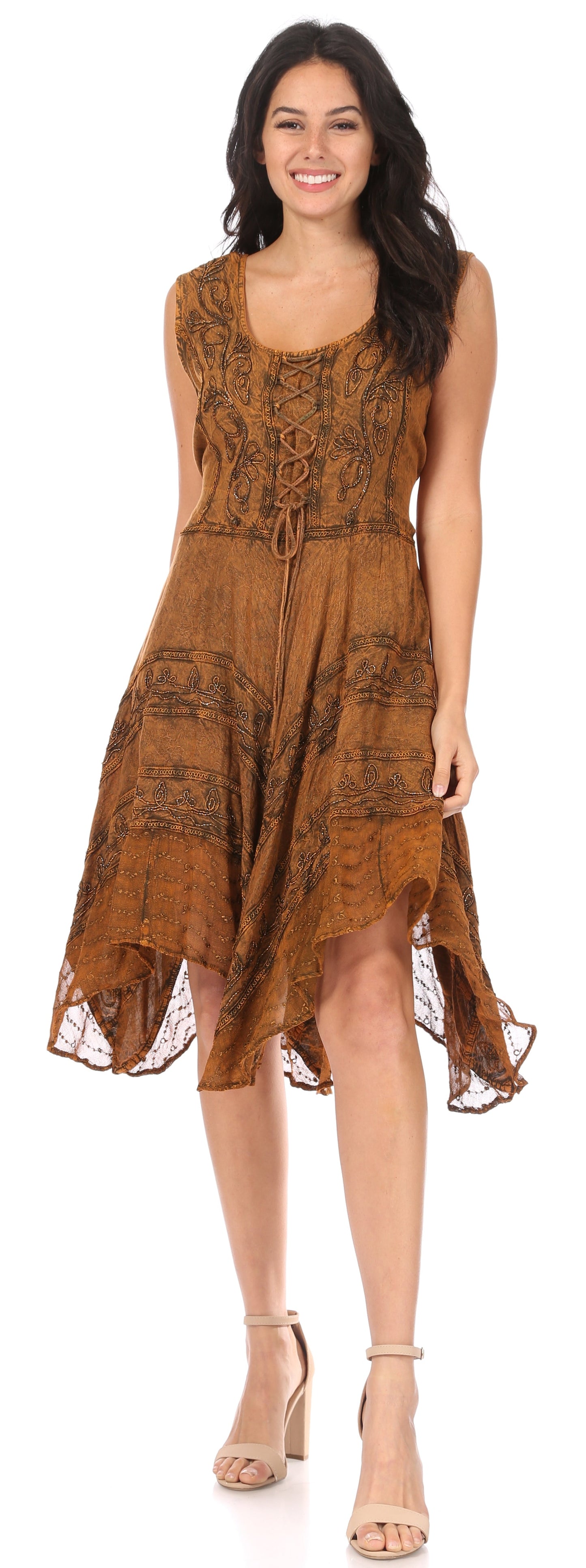Sakkas Sundara Stonewashed Rayon Embroidered Mid Length Dress - Concordia Style Boutique