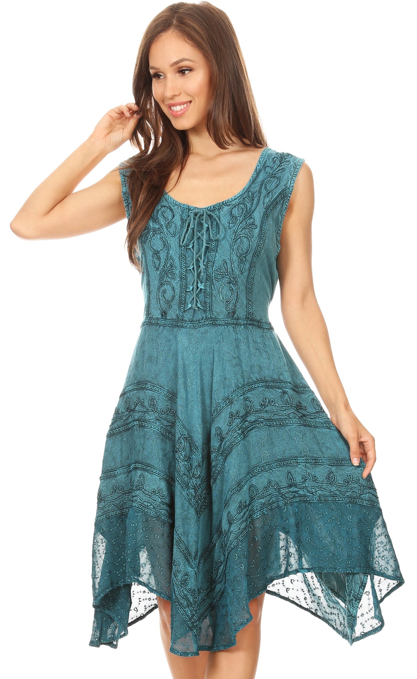 Sakkas Sundara Stonewashed Rayon Embroidered Mid Length Dress - Concordia Style Boutique