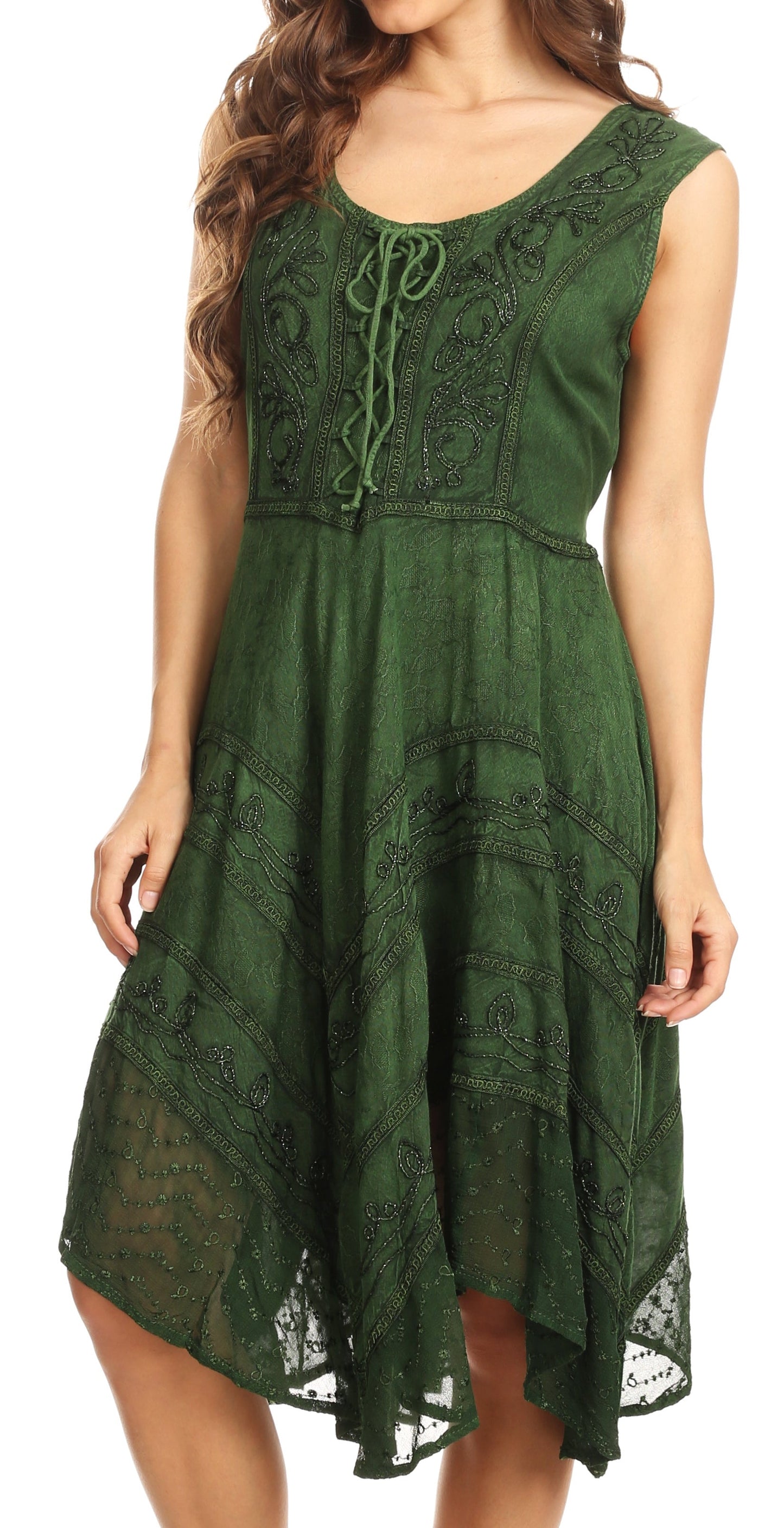 Sakkas Sundara Stonewashed Rayon Embroidered Mid Length Dress - Concordia Style Boutique