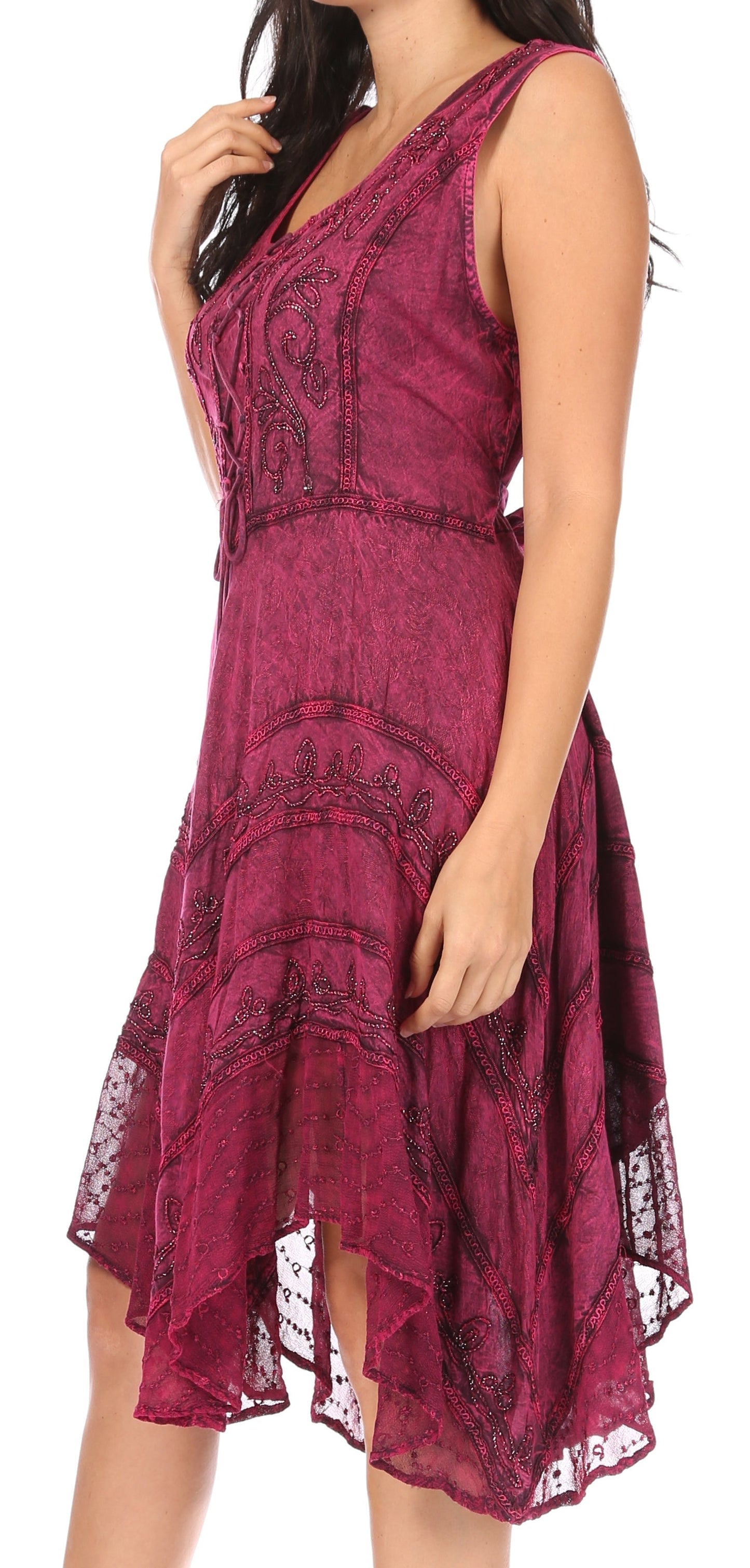 Sakkas Sundara Stonewashed Rayon Embroidered Mid Length Dress - Concordia Style Boutique