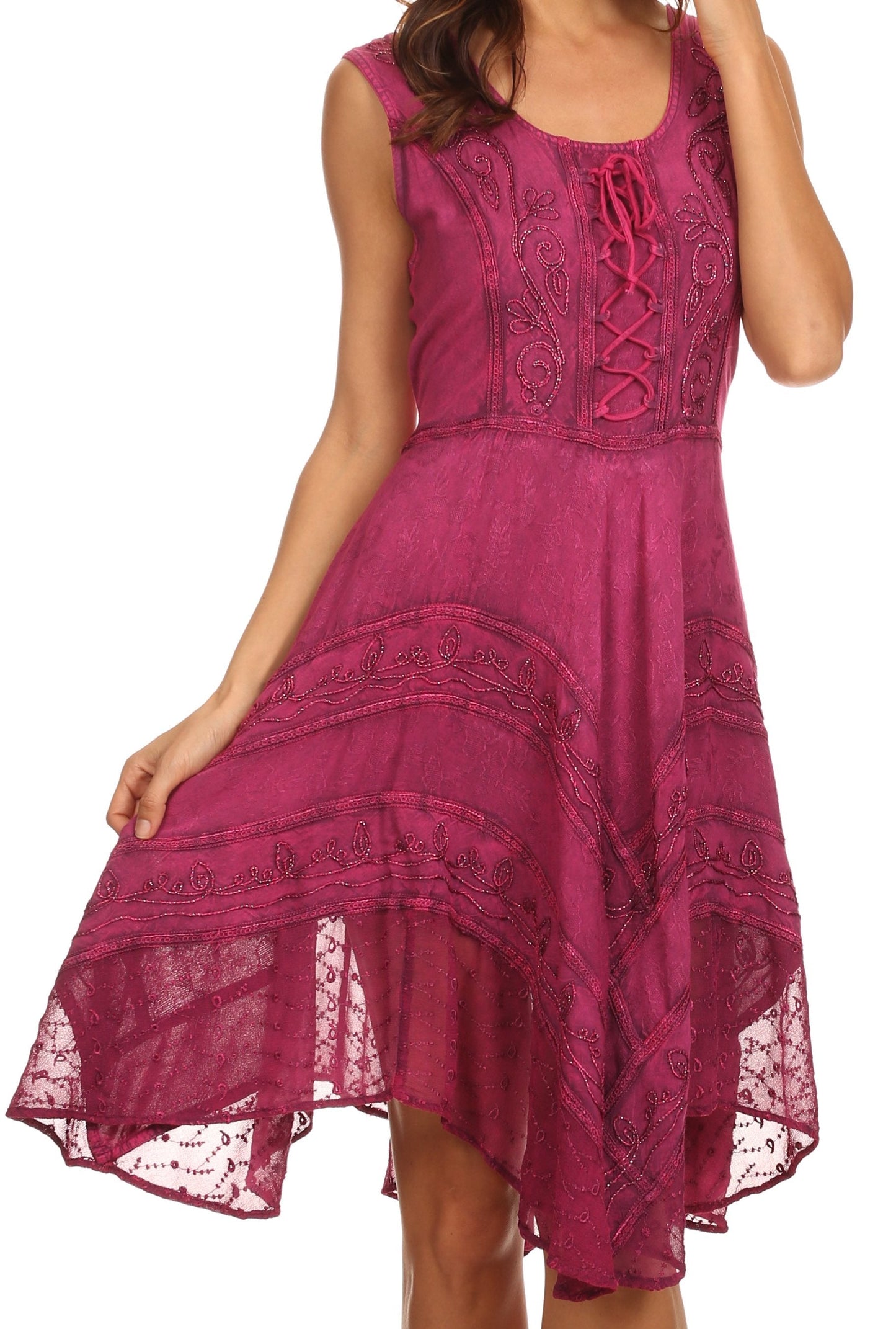 Sakkas Sundara Stonewashed Rayon Embroidered Mid Length Dress - Concordia Style Boutique