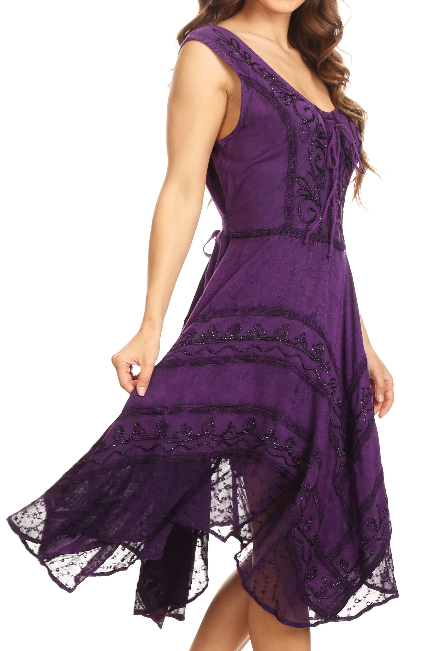 Sakkas Sundara Stonewashed Rayon Embroidered Mid Length Dress - Concordia Style Boutique