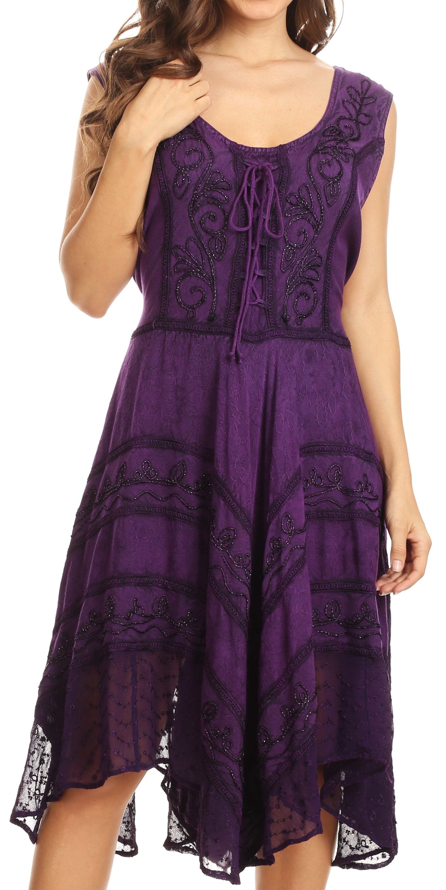 Sakkas Sundara Stonewashed Rayon Embroidered Mid Length Dress - Concordia Style Boutique