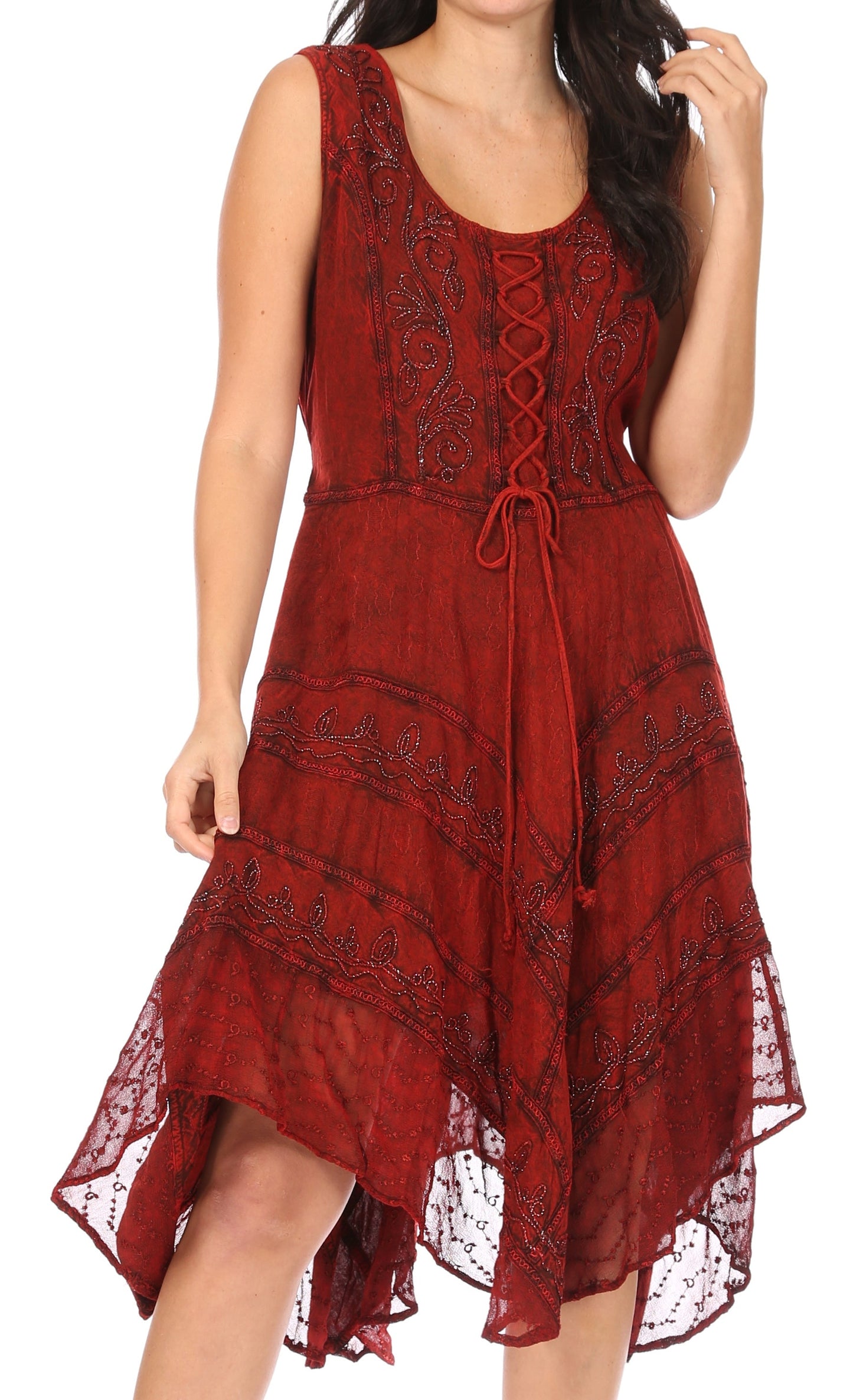 Sakkas Sundara Stonewashed Rayon Embroidered Mid Length Dress - Concordia Style Boutique
