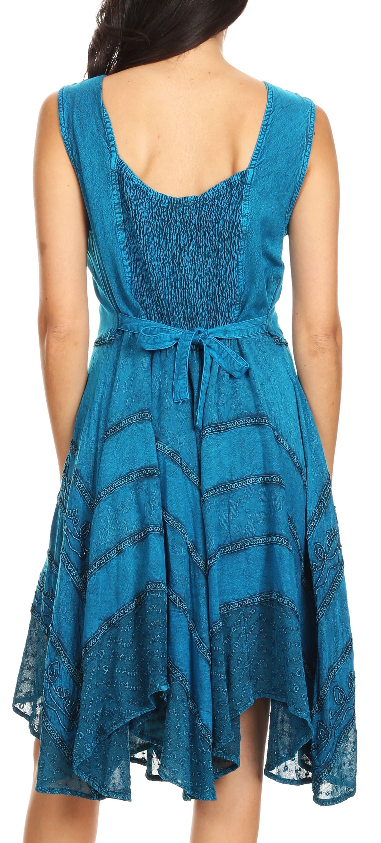Sakkas Sundara Stonewashed Rayon Embroidered Mid Length Dress - Concordia Style Boutique