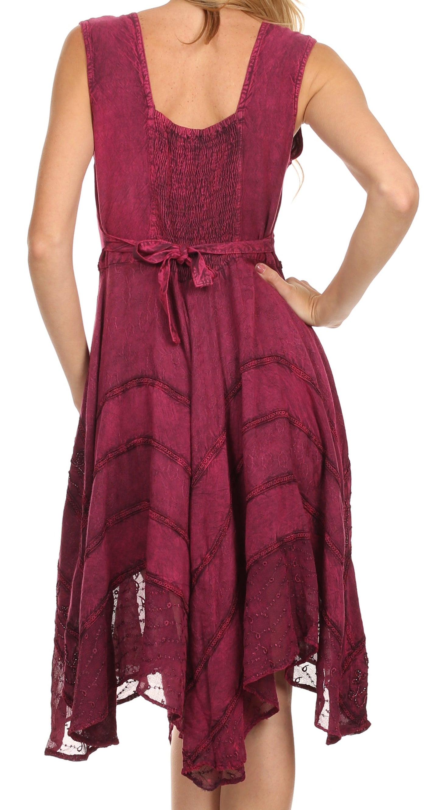 Sakkas Sundara Stonewashed Rayon Embroidered Mid Length Dress - Concordia Style Boutique