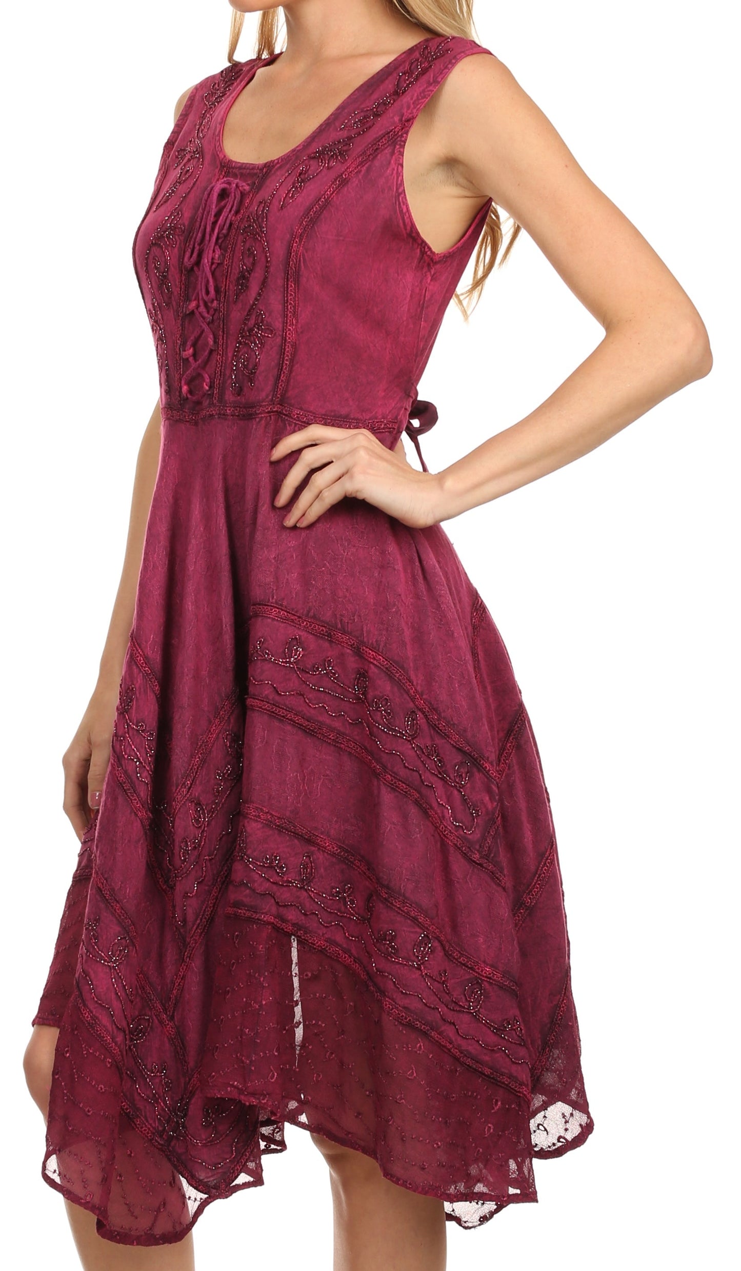 Sakkas Sundara Stonewashed Rayon Embroidered Mid Length Dress - Concordia Style Boutique