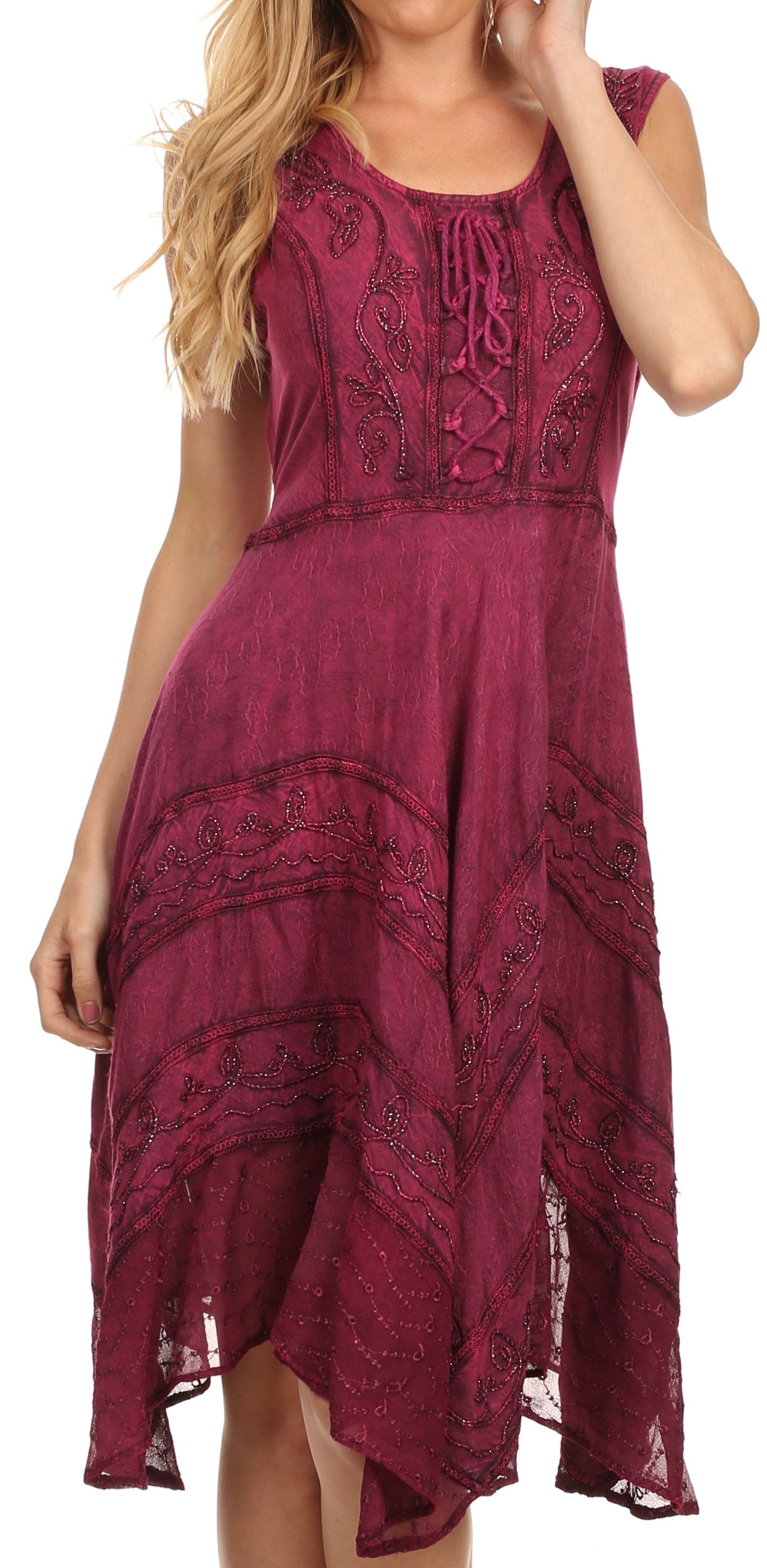 Sakkas Sundara Stonewashed Rayon Embroidered Mid Length Dress - Concordia Style Boutique
