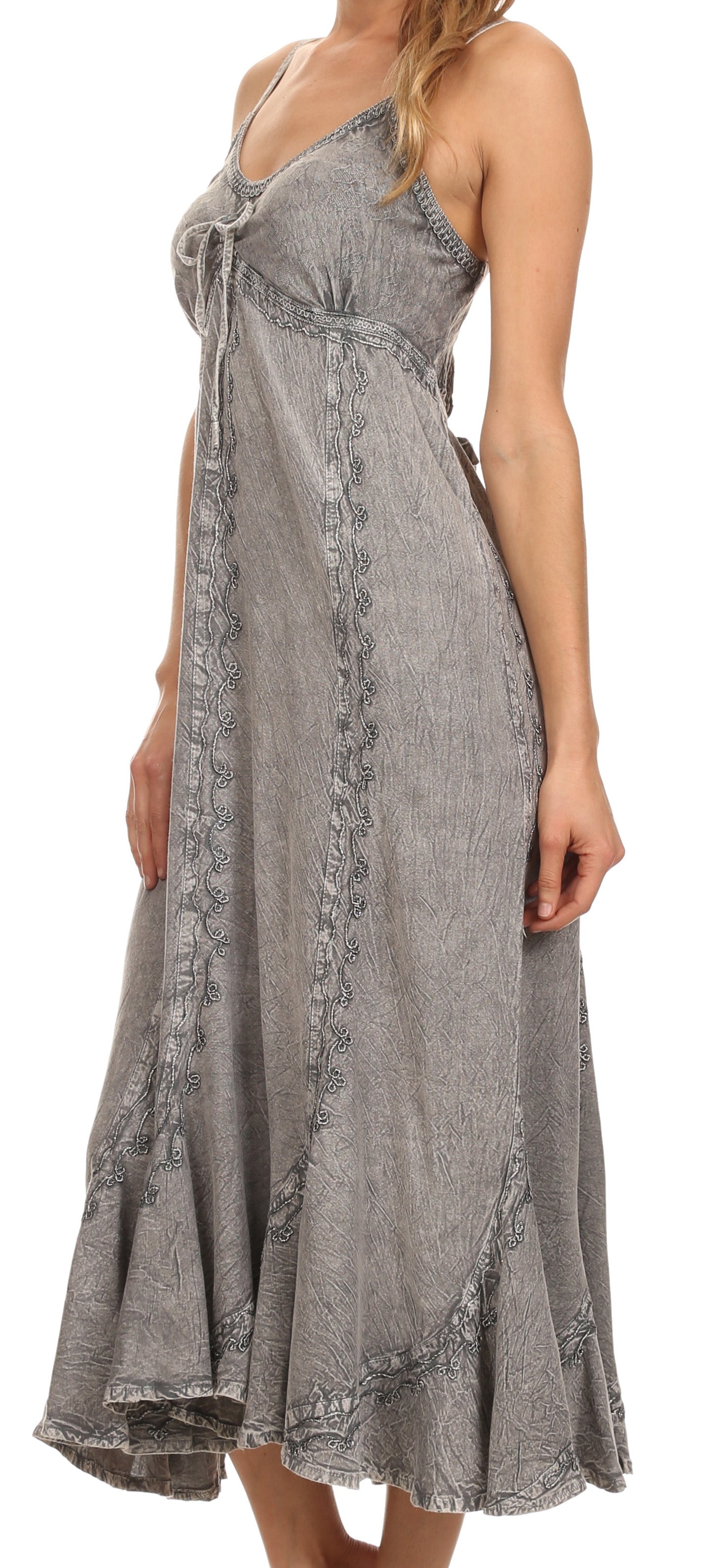 Sakkas Allie Stonewashed Embroidered Adjustable Spaghetti Straps Long Dress - Concordia Style Boutique