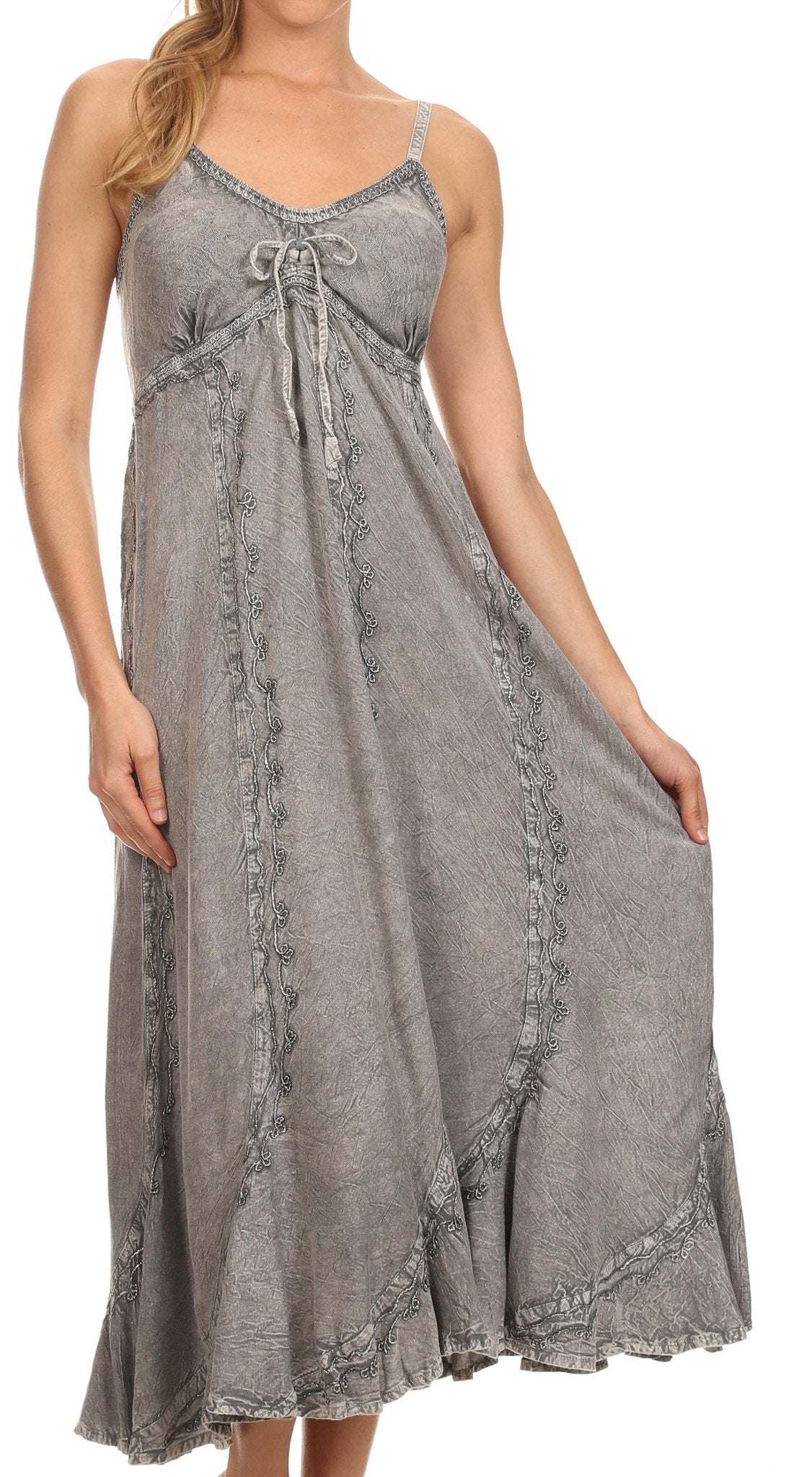 Sakkas Allie Stonewashed Embroidered Adjustable Spaghetti Straps Long Dress - Concordia Style Boutique