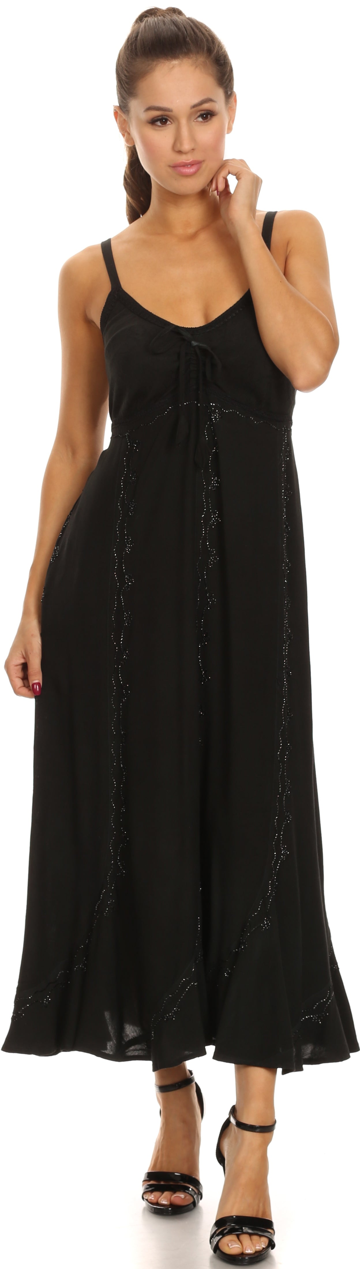 Sakkas Allie Stonewashed Embroidered Adjustable Spaghetti Straps Long Dress - Concordia Style Boutique