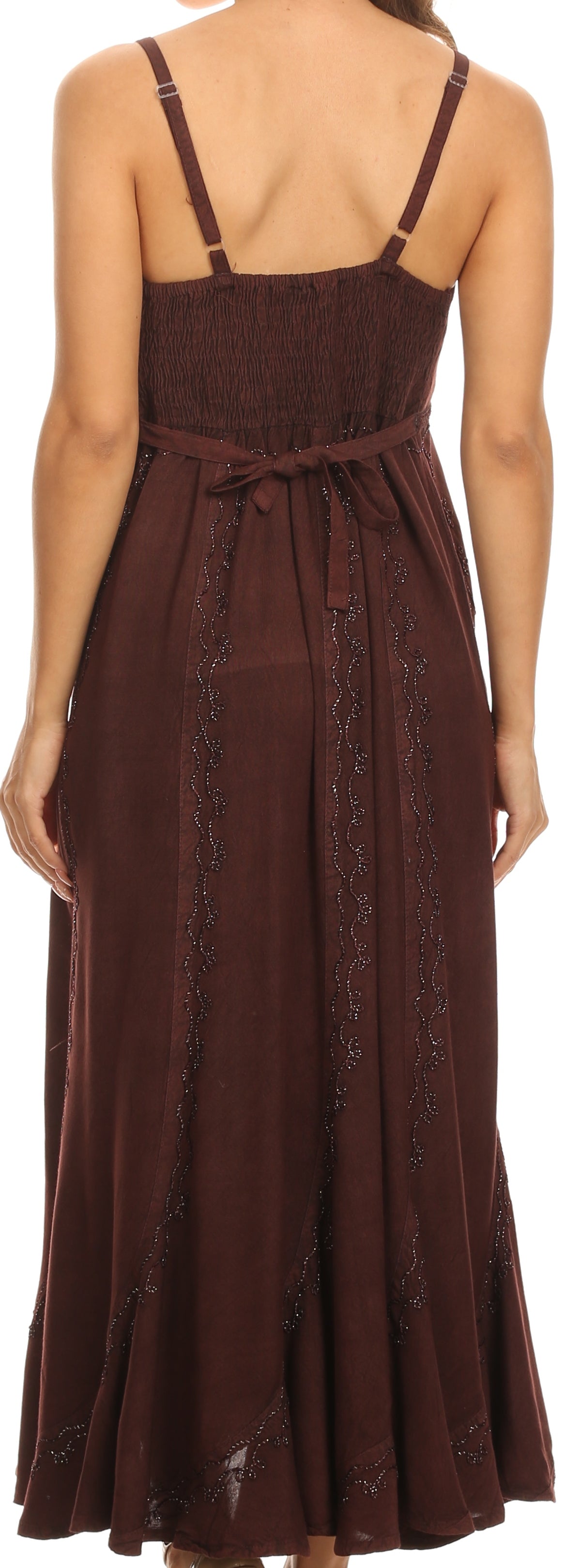 Sakkas Allie Stonewashed Embroidered Adjustable Spaghetti Straps Long Dress - Concordia Style Boutique