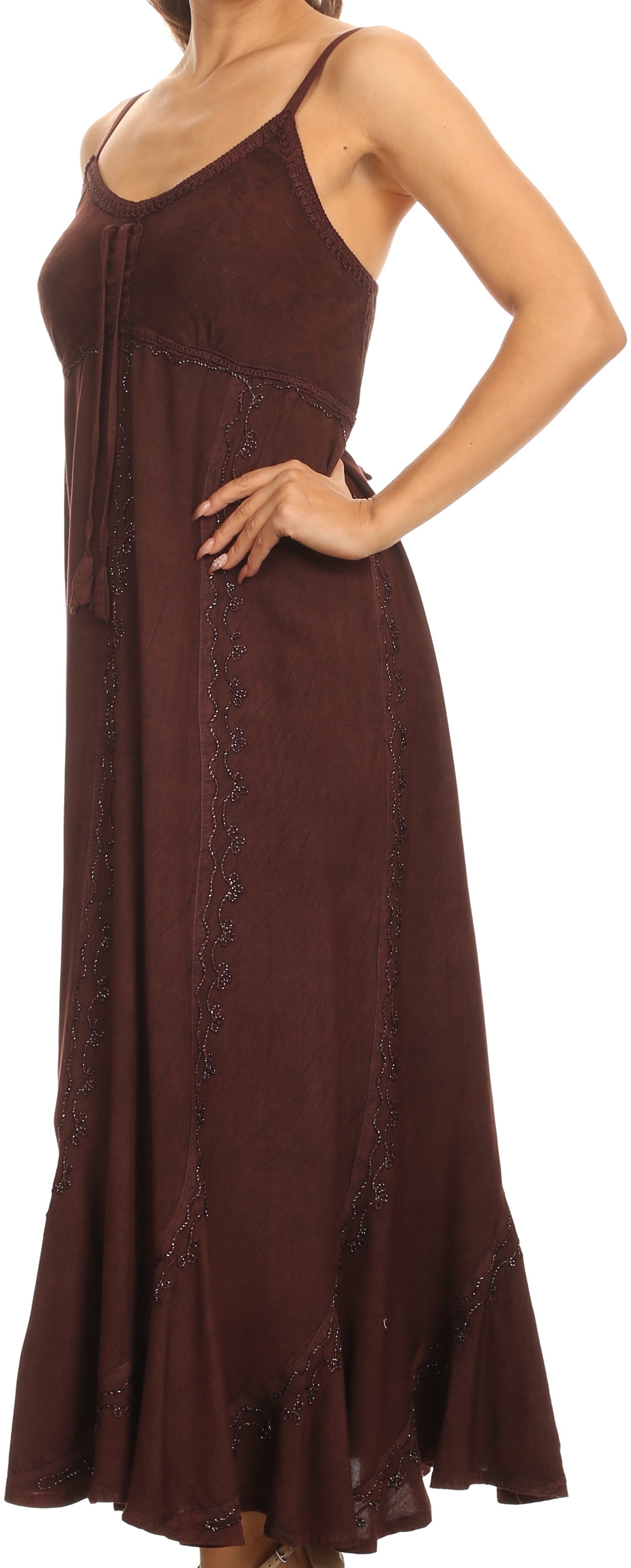 Sakkas Allie Stonewashed Embroidered Adjustable Spaghetti Straps Long Dress - Concordia Style Boutique