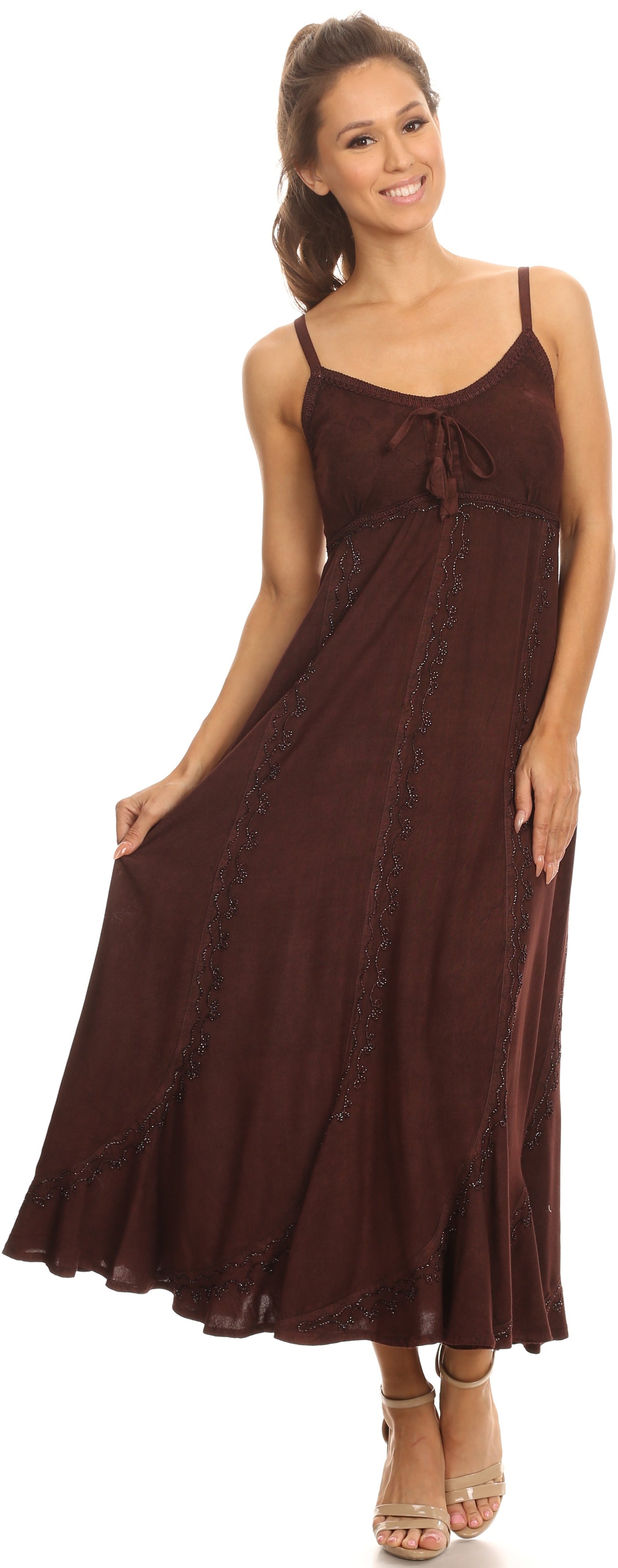 Sakkas Allie Stonewashed Embroidered Adjustable Spaghetti Straps Long Dress - Concordia Style Boutique