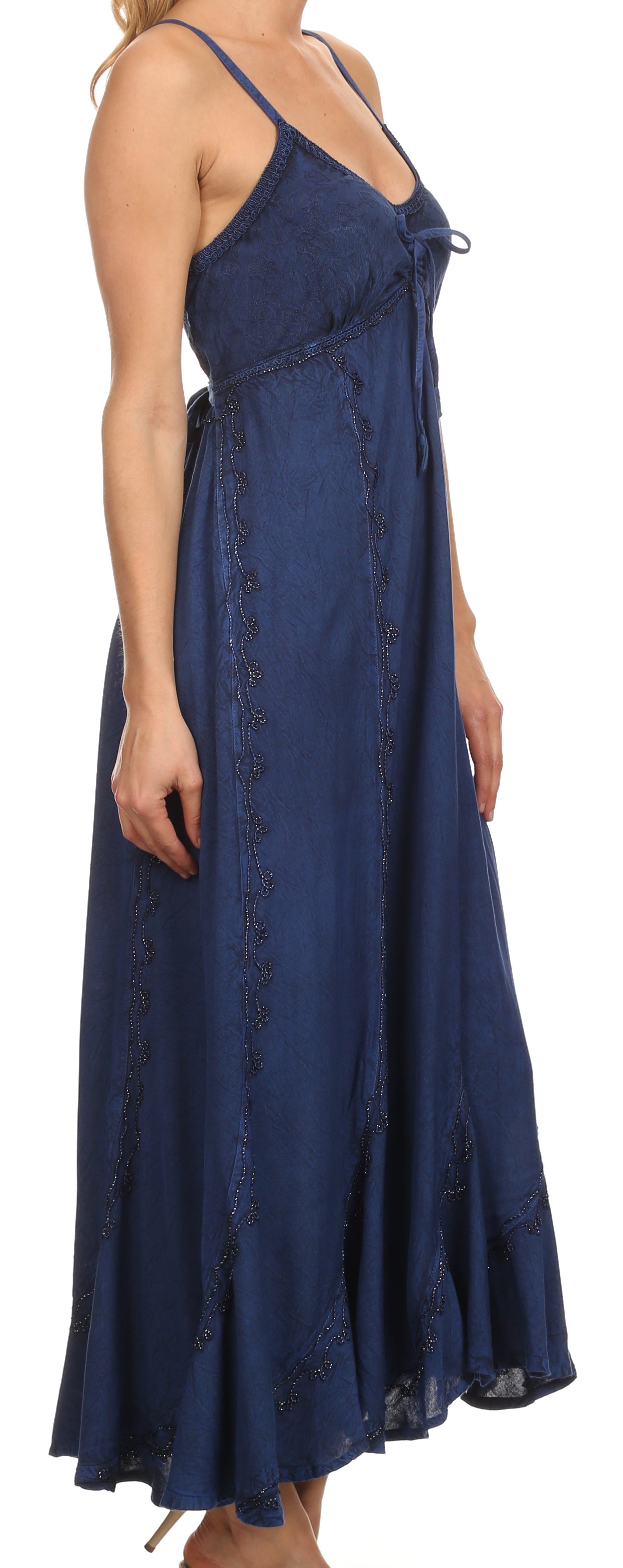 Sakkas Allie Stonewashed Embroidered Adjustable Spaghetti Straps Long Dress - Concordia Style Boutique