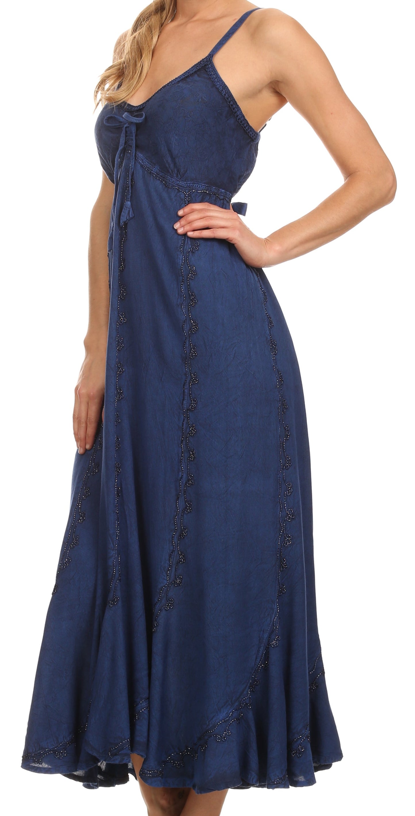 Sakkas Allie Stonewashed Embroidered Adjustable Spaghetti Straps Long Dress - Concordia Style Boutique