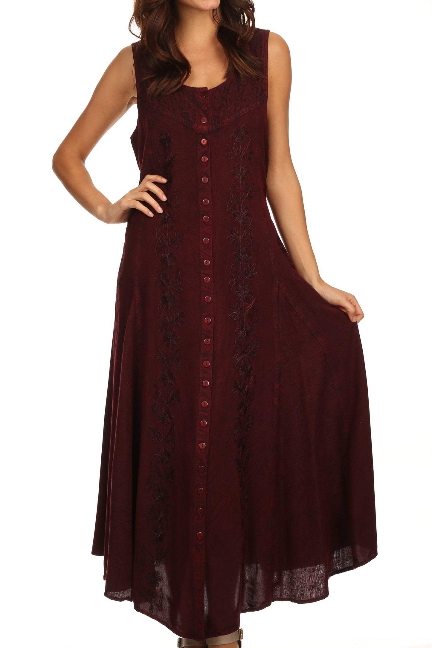 Sakkas Maya Floral Embroidered Sleeveless Button Up Rayon Dress - Concordia Style Boutique