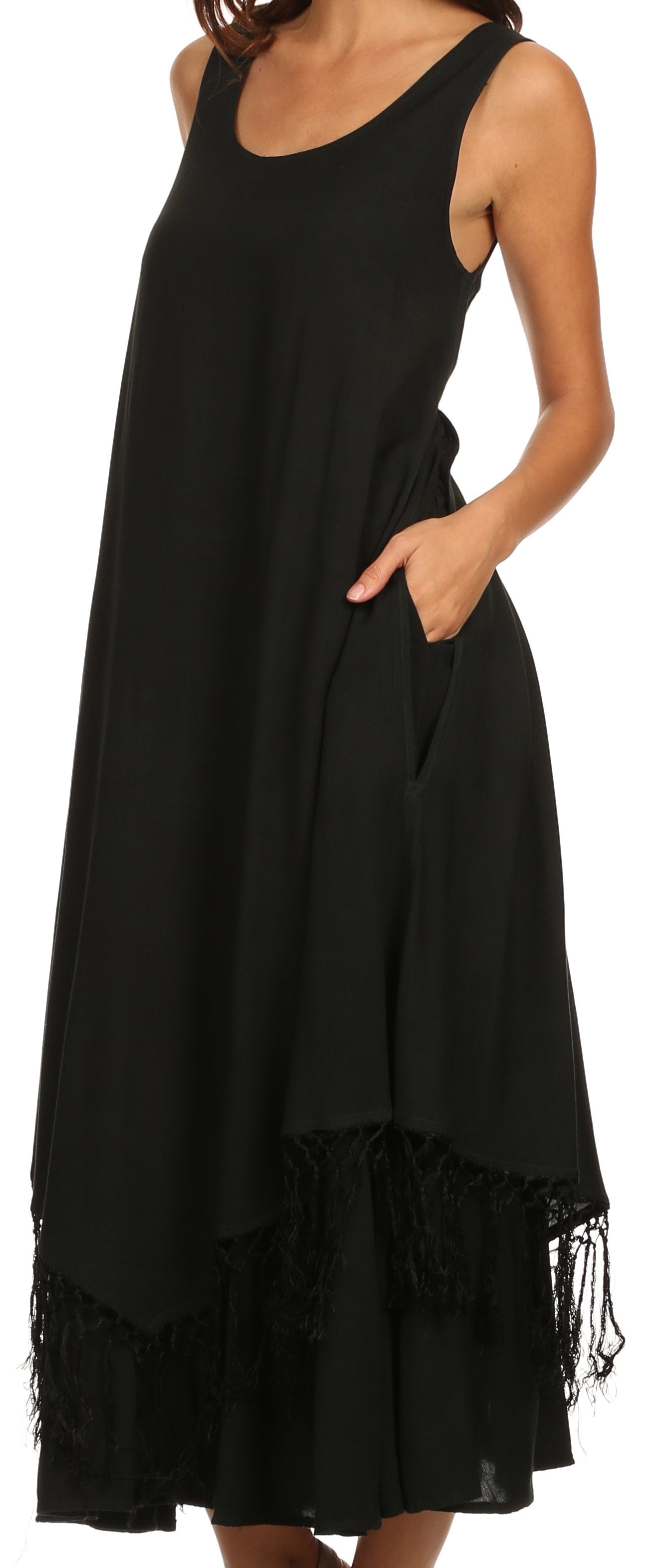 Sakkas Emma Relaxed Fit Scoop Neck Double Layered with Fringe Tank Dress - Concordia Style Boutique