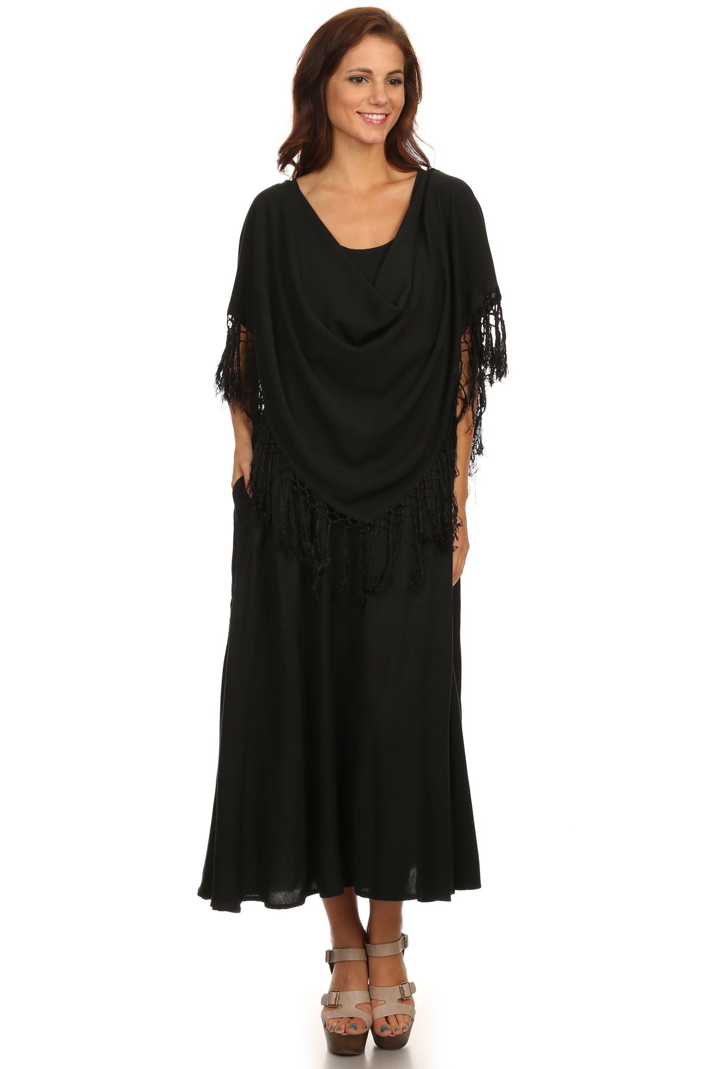 Sakkas Emma Relaxed Fit Scoop Neck Double Layered with Fringe Tank Dress - Concordia Style Boutique