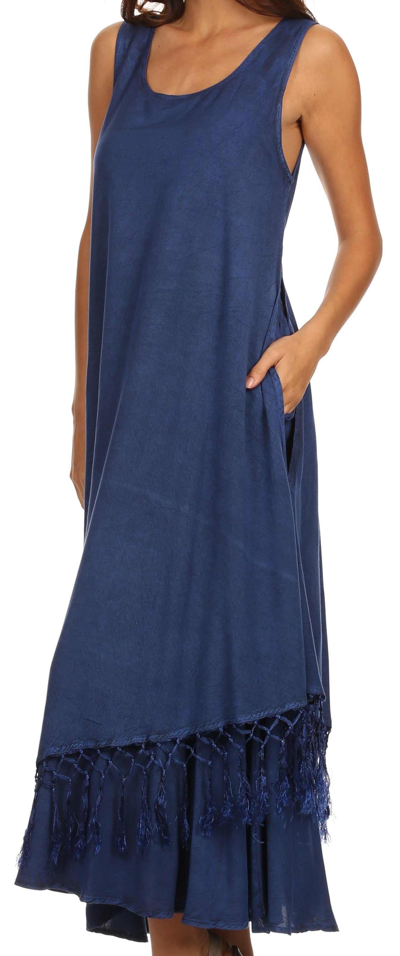 Sakkas Emma Relaxed Fit Scoop Neck Double Layered with Fringe Tank Dress - Concordia Style Boutique