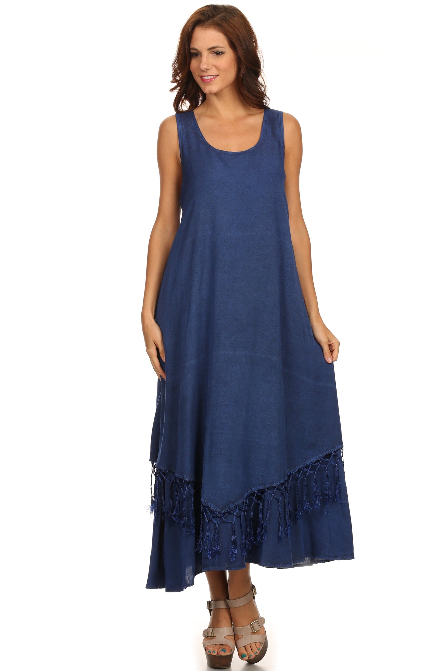 Sakkas Emma Relaxed Fit Scoop Neck Double Layered with Fringe Tank Dress - Concordia Style Boutique