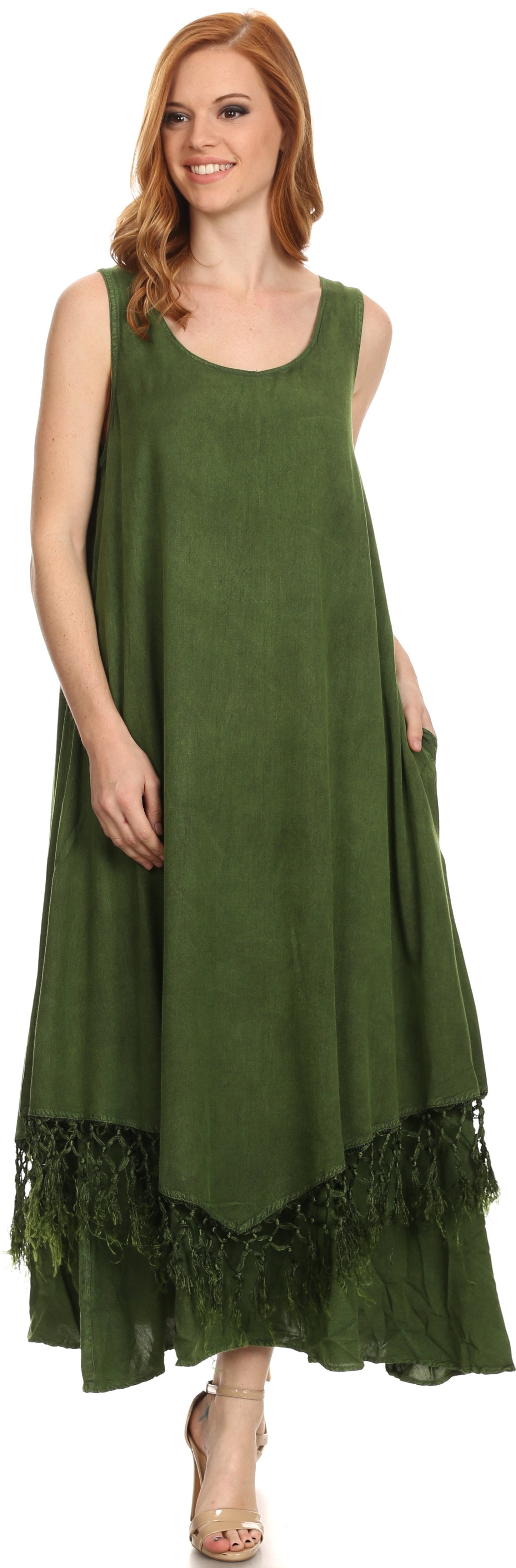 Sakkas Emma Relaxed Fit Scoop Neck Double Layered with Fringe Tank Dress - Concordia Style Boutique