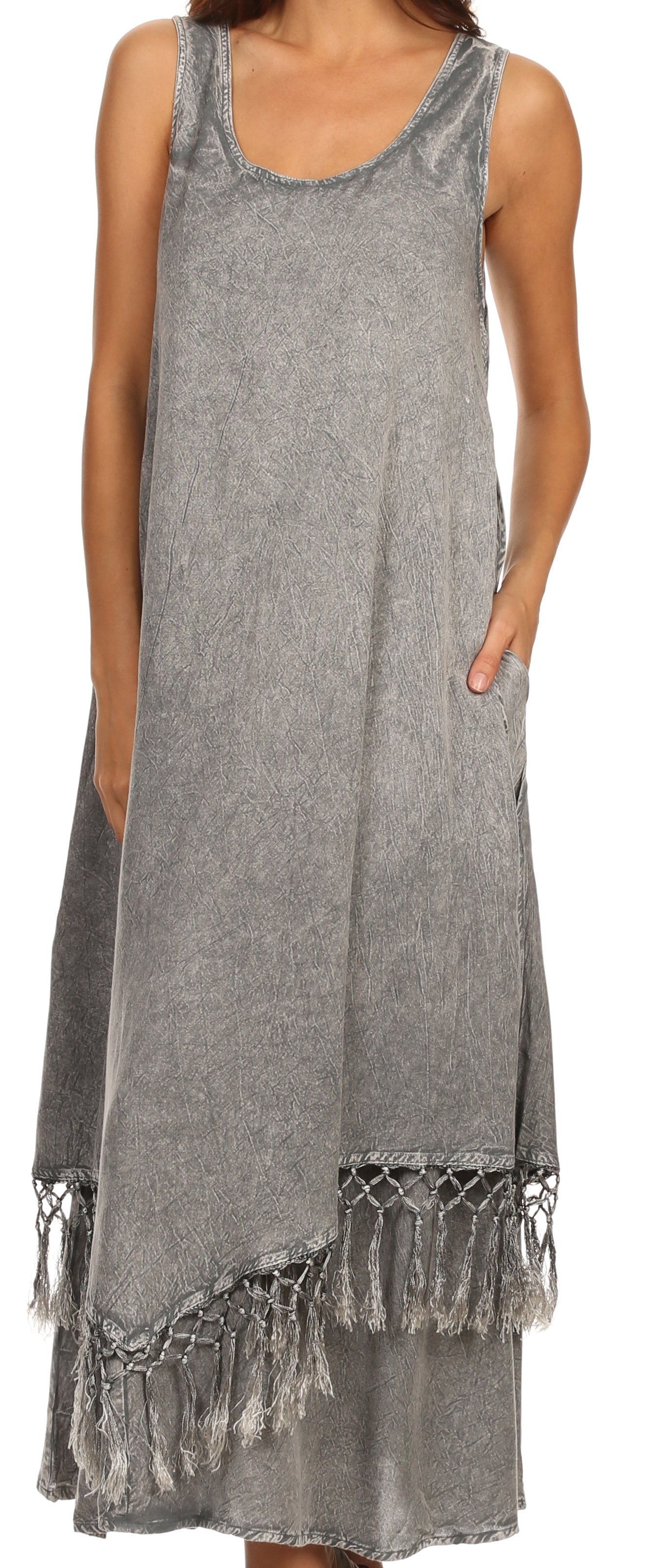 Sakkas Emma Relaxed Fit Scoop Neck Double Layered with Fringe Tank Dress - Concordia Style Boutique