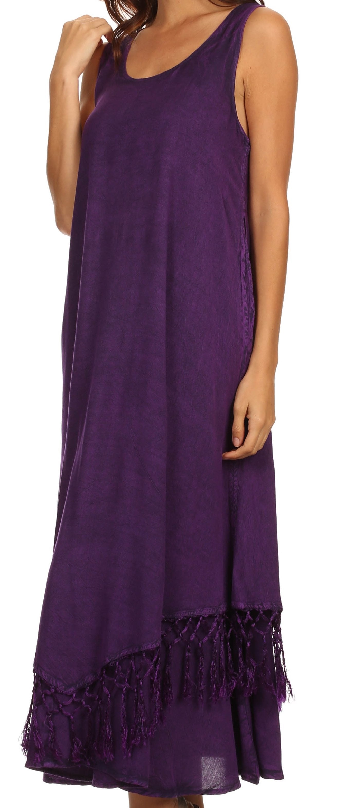 Sakkas Emma Relaxed Fit Scoop Neck Double Layered with Fringe Tank Dress - Concordia Style Boutique