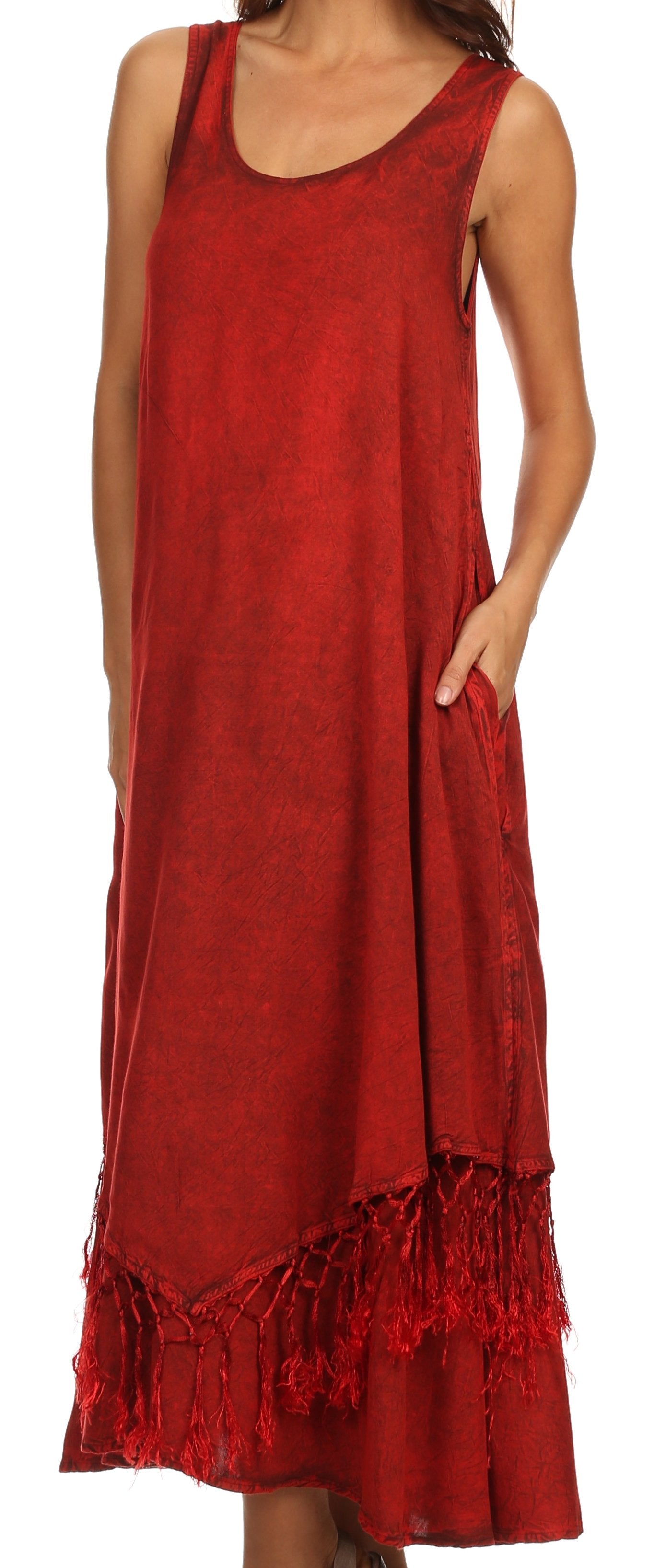 Sakkas Emma Relaxed Fit Scoop Neck Double Layered with Fringe Tank Dress - Concordia Style Boutique