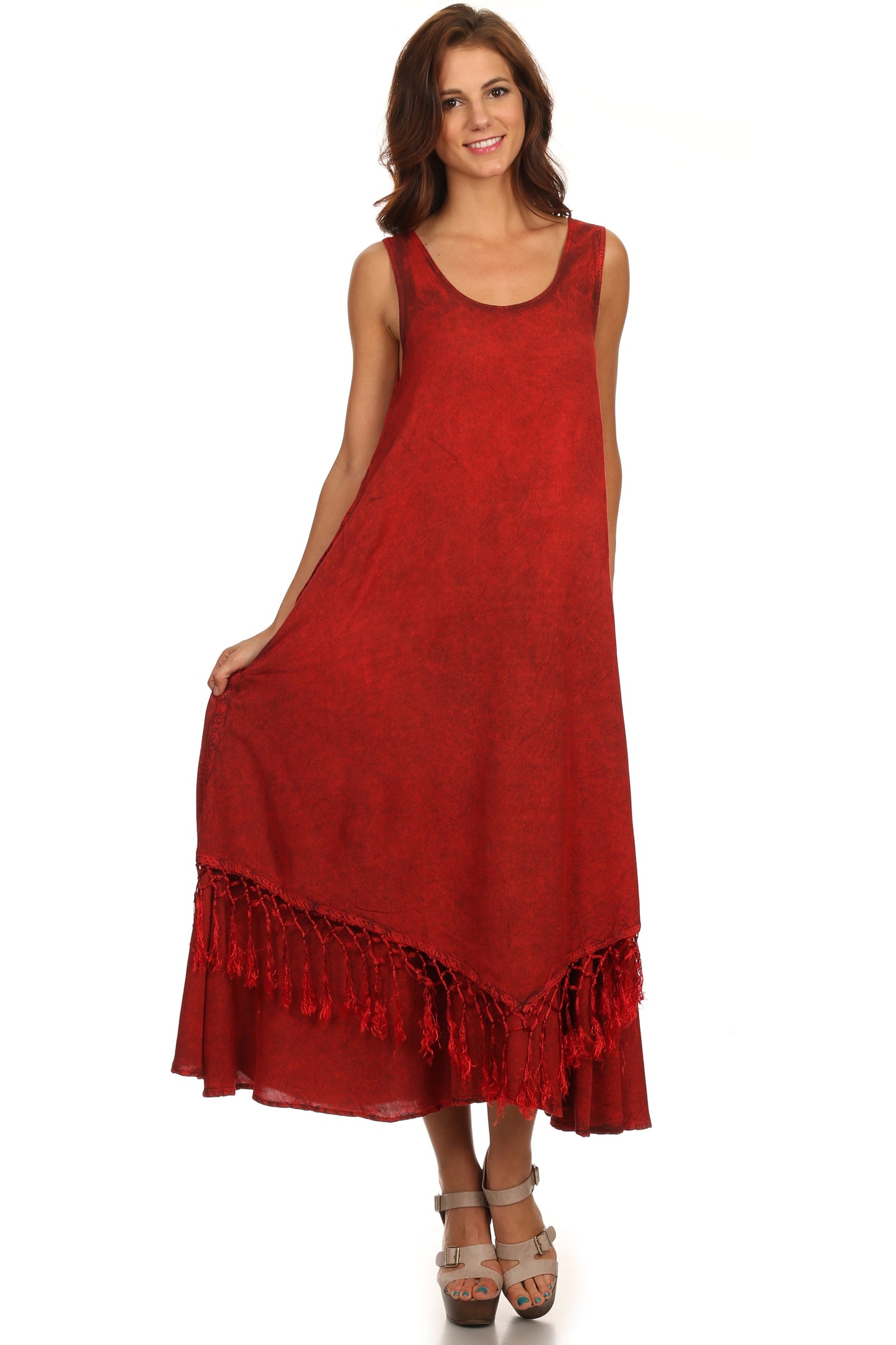 Sakkas Emma Relaxed Fit Scoop Neck Double Layered with Fringe Tank Dress - Concordia Style Boutique