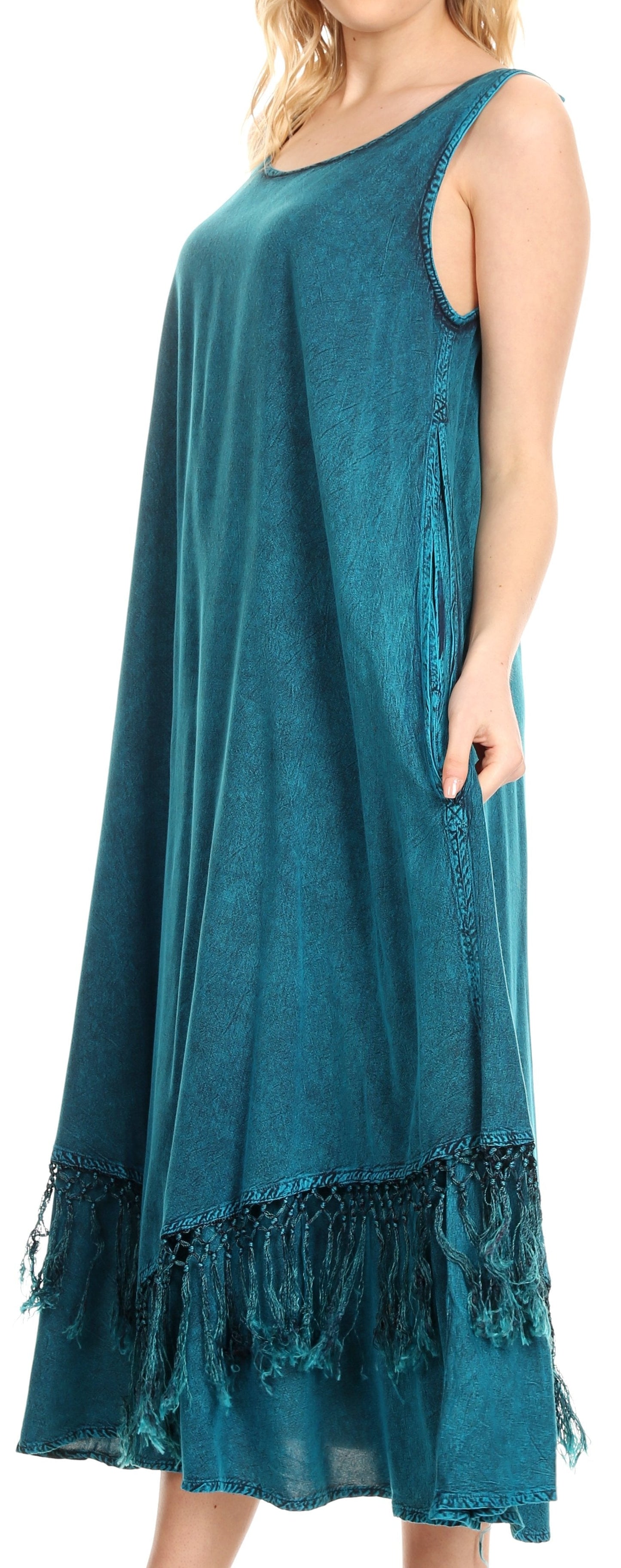 Sakkas Emma Relaxed Fit Scoop Neck Double Layered with Fringe Tank Dress - Concordia Style Boutique