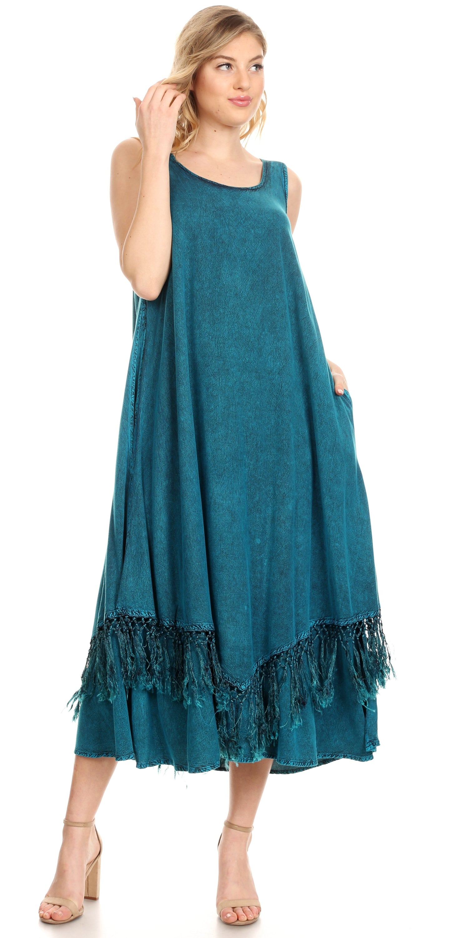 Sakkas Emma Relaxed Fit Scoop Neck Double Layered with Fringe Tank Dress - Concordia Style Boutique