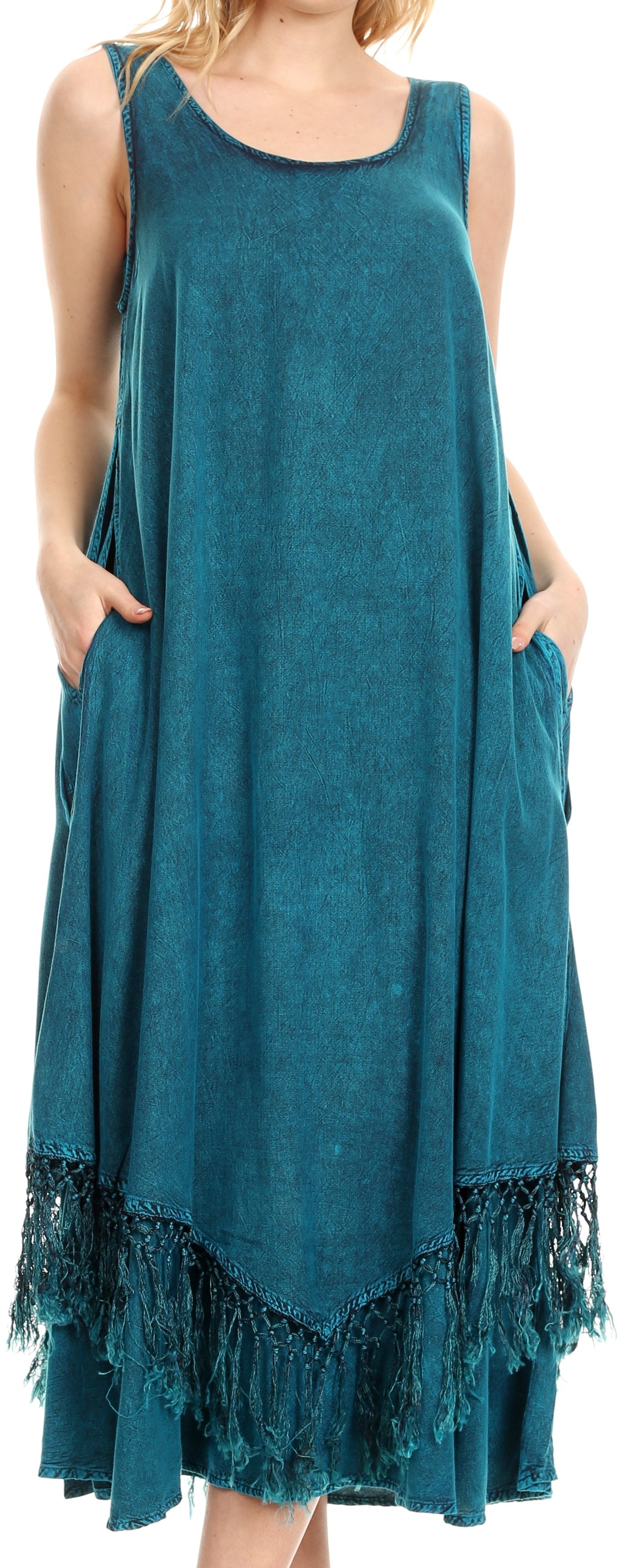 Sakkas Emma Relaxed Fit Scoop Neck Double Layered with Fringe Tank Dress - Concordia Style Boutique