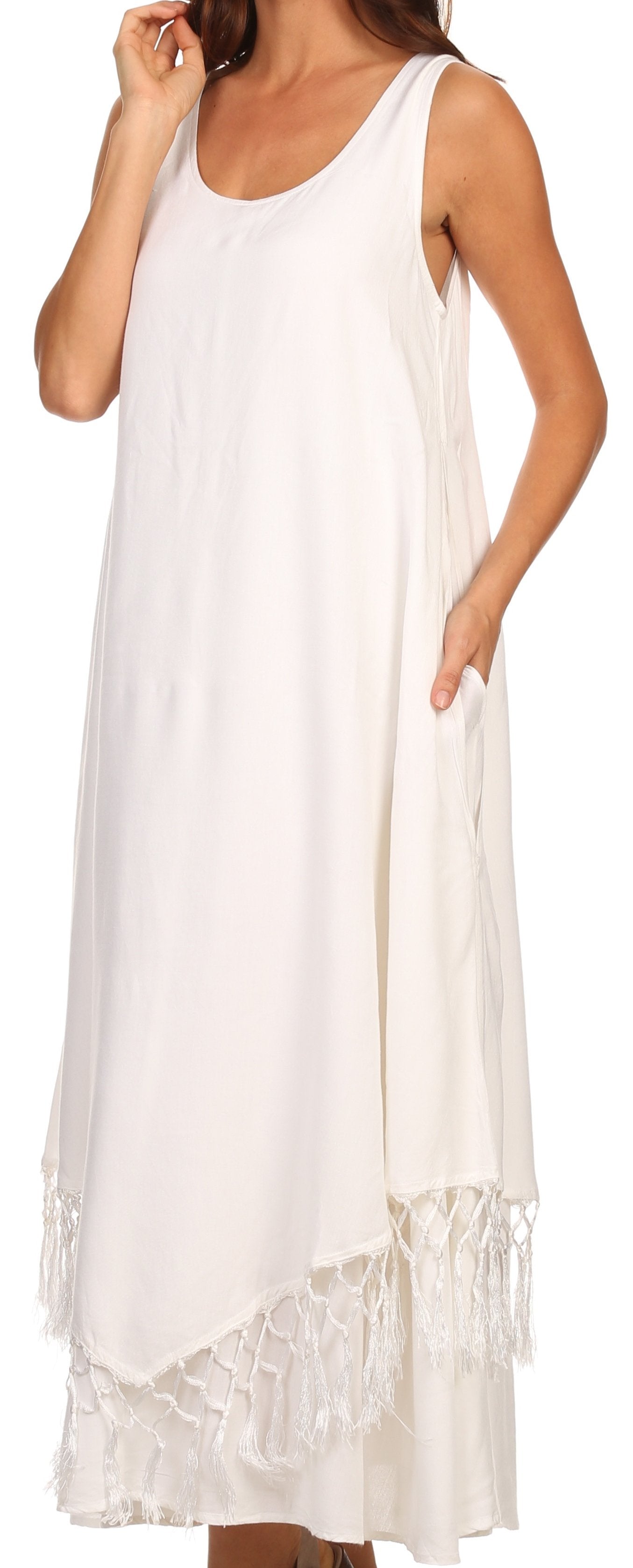 Sakkas Emma Relaxed Fit Scoop Neck Double Layered with Fringe Tank Dress - Concordia Style Boutique
