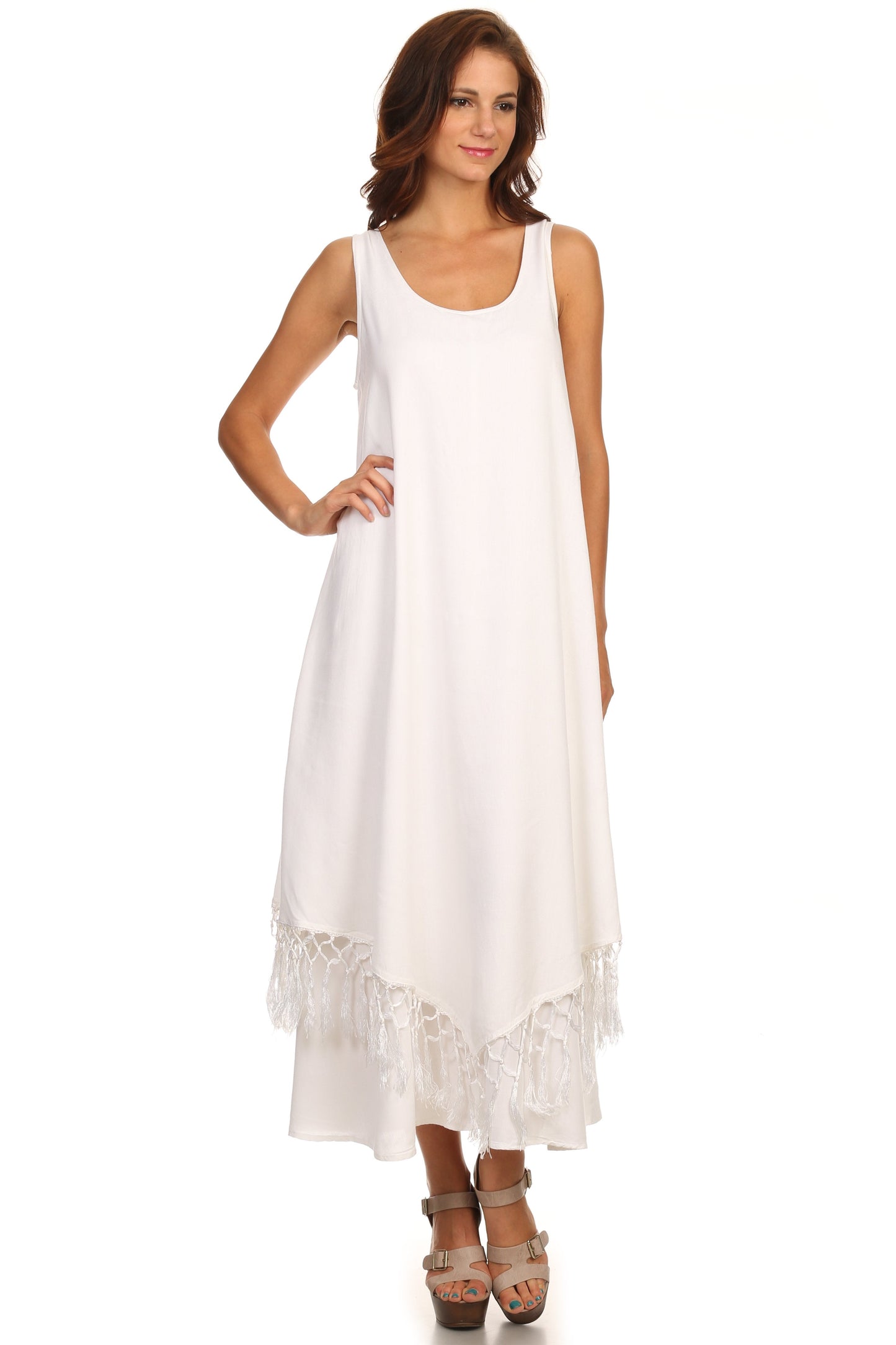Sakkas Emma Relaxed Fit Scoop Neck Double Layered with Fringe Tank Dress - Concordia Style Boutique