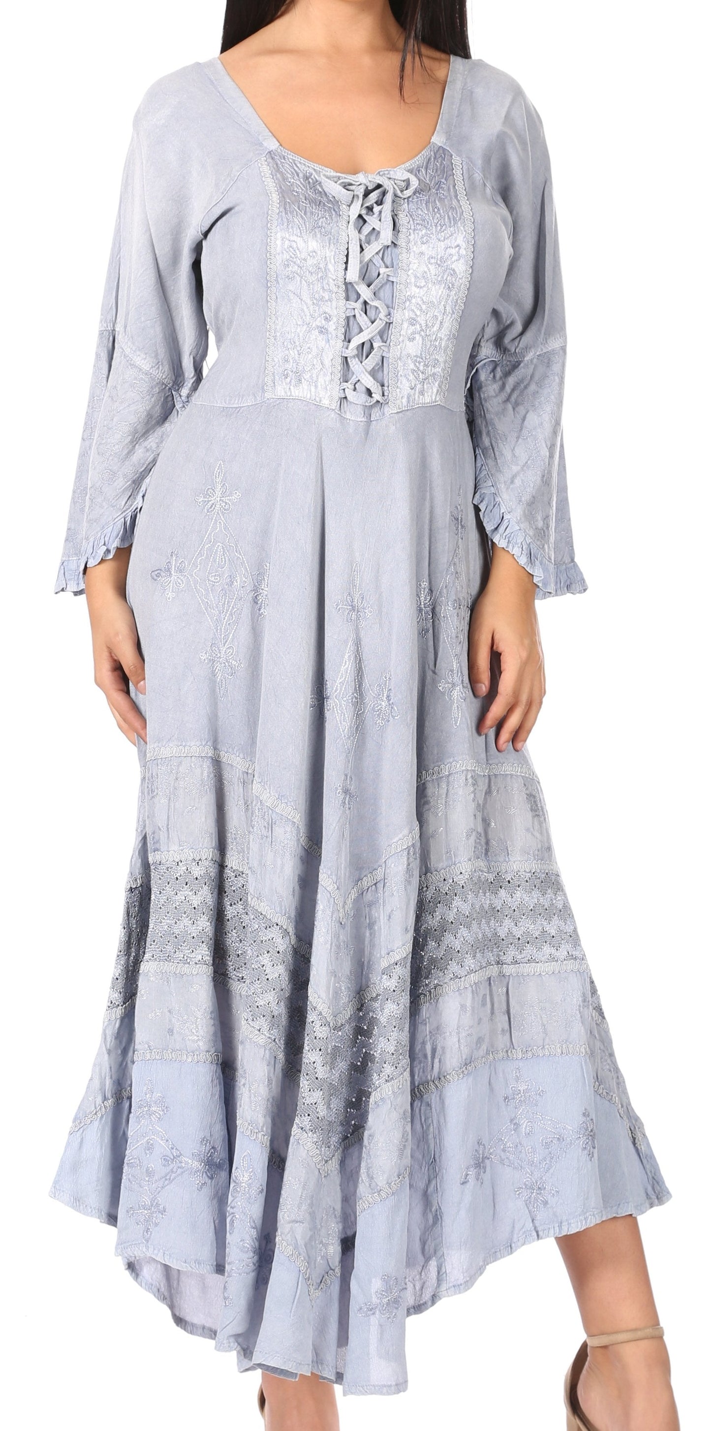 Sakkas Mirabel Stonewashed Corset Style Floral Emboridery Kimono Sleeve Dress - Concordia Style Boutique