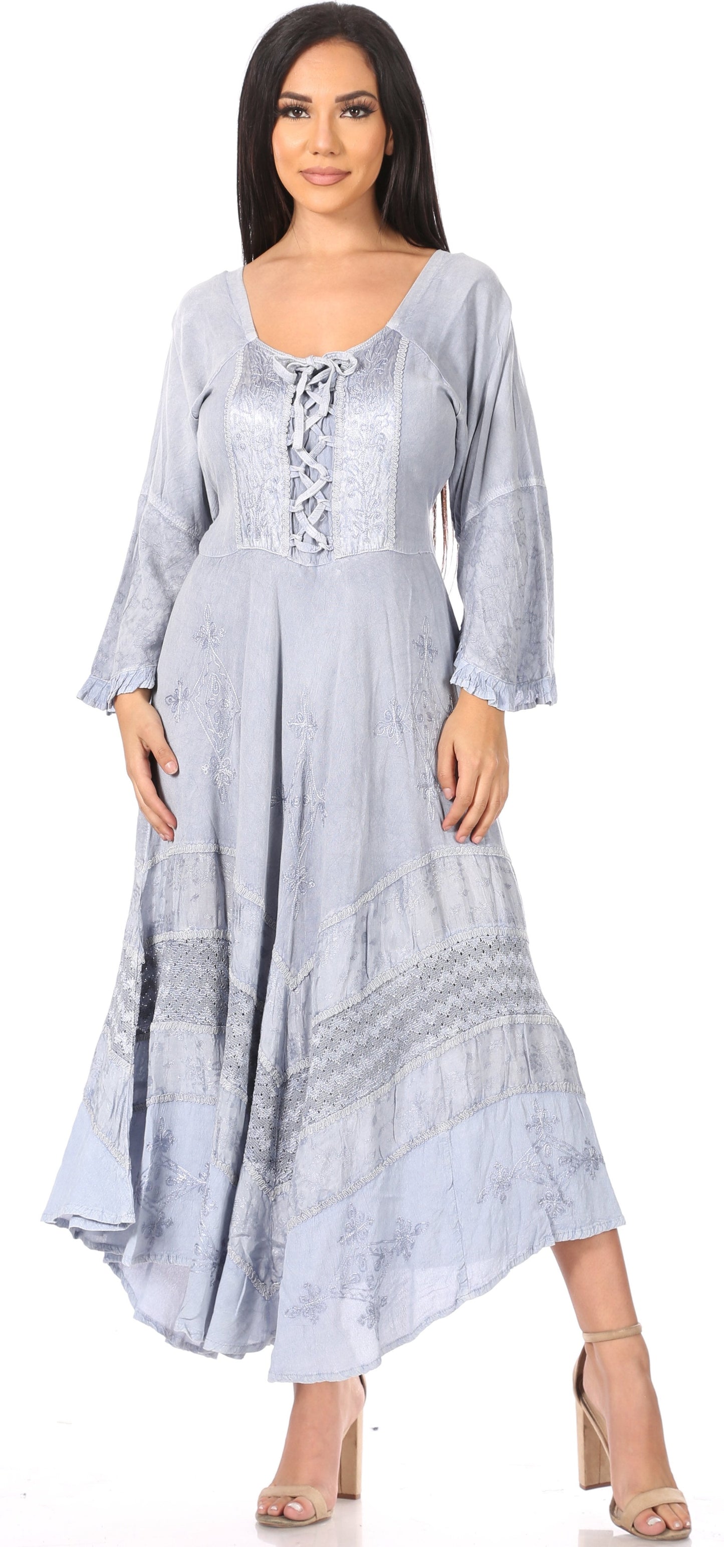 Sakkas Mirabel Stonewashed Corset Style Floral Emboridery Kimono Sleeve Dress - Concordia Style Boutique
