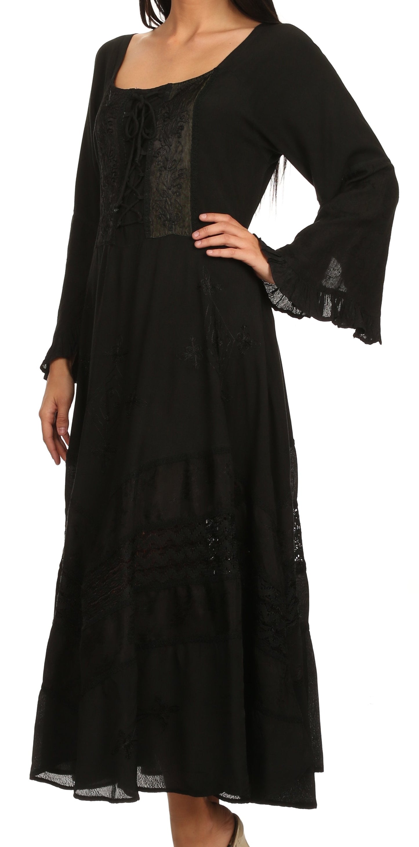 Sakkas Mirabel Stonewashed Corset Style Floral Emboridery Kimono Sleeve Dress - Concordia Style Boutique