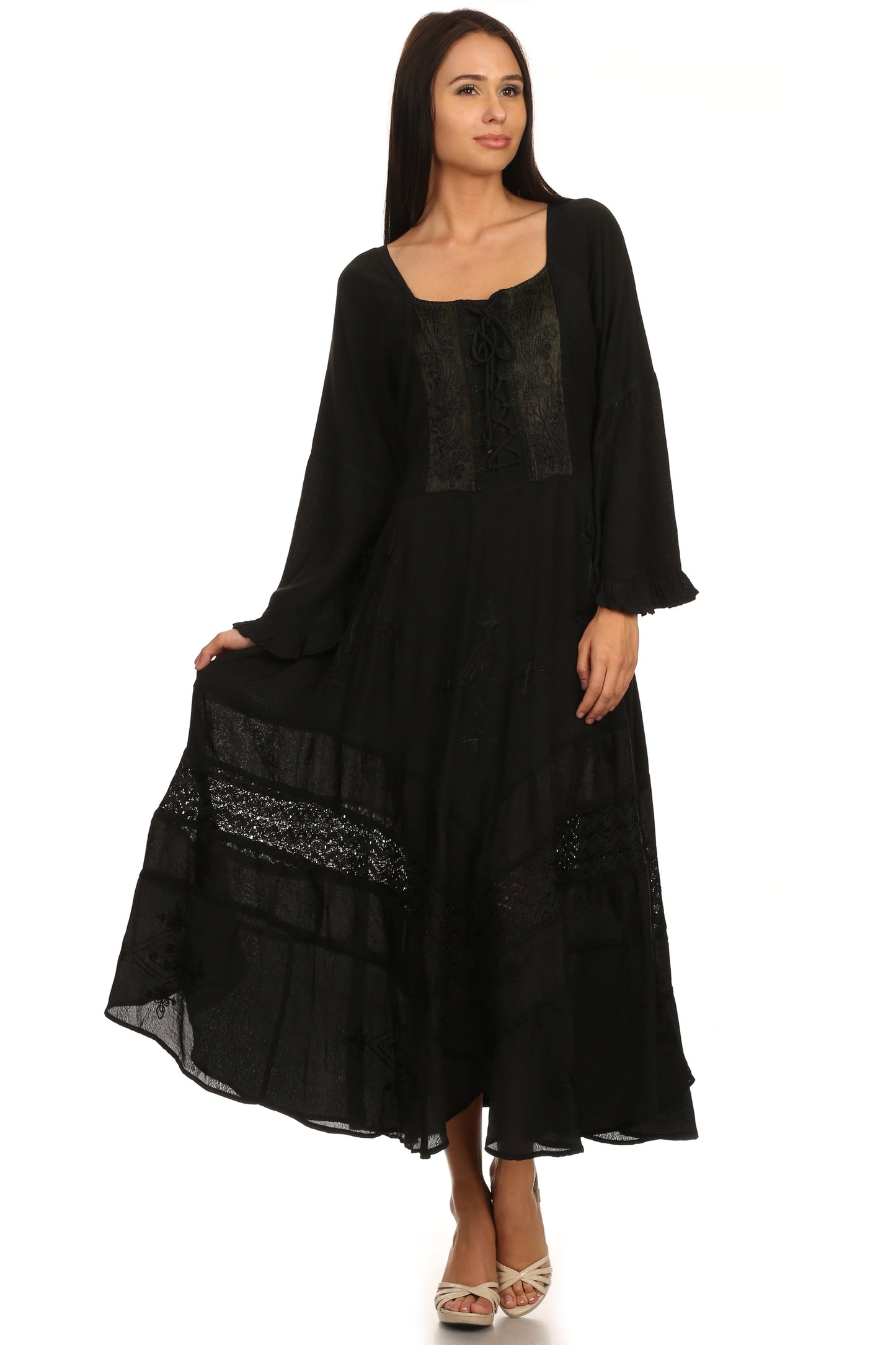 Sakkas Mirabel Stonewashed Corset Style Floral Emboridery Kimono Sleeve Dress - Concordia Style Boutique
