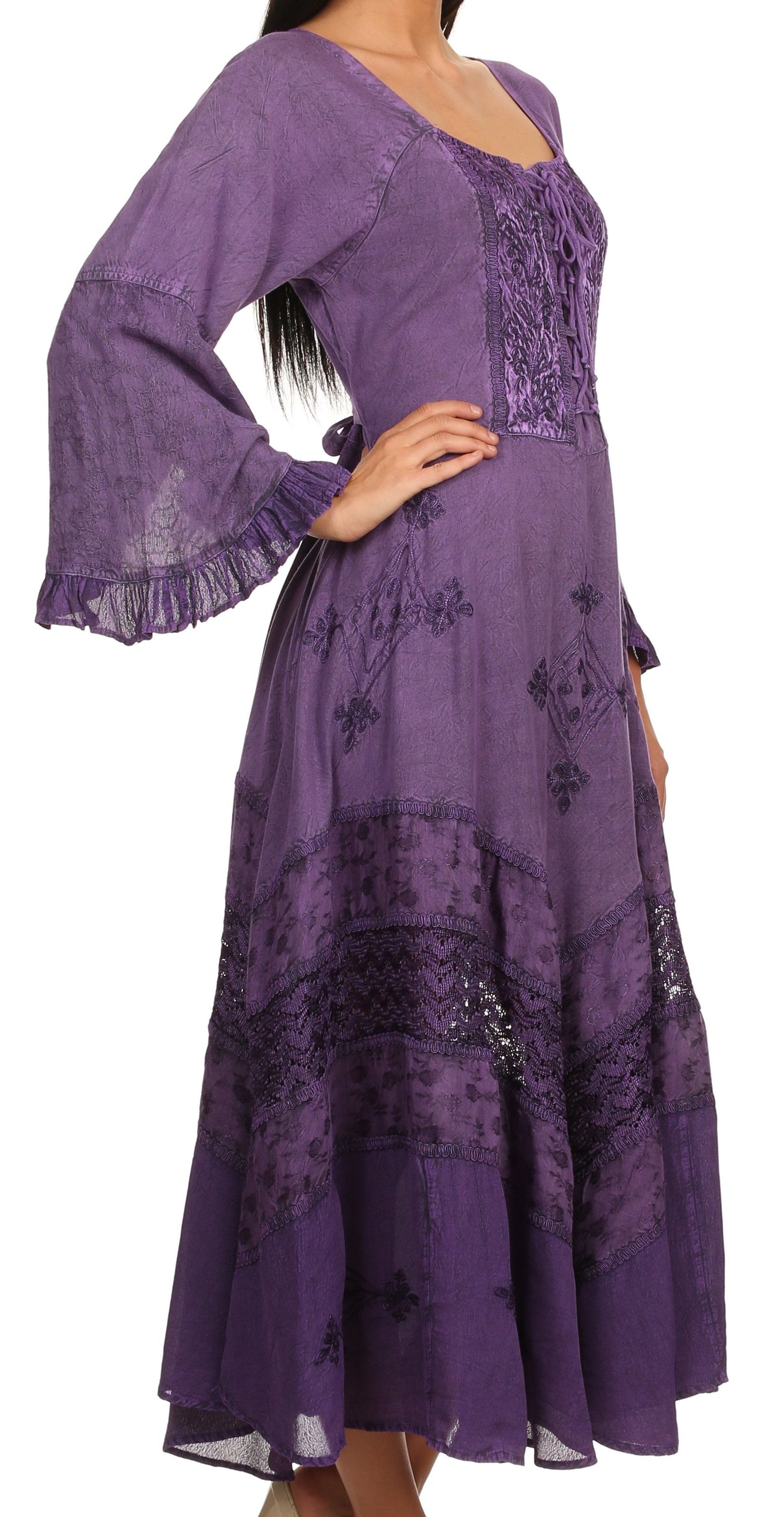 Sakkas Mirabel Stonewashed Corset Style Floral Emboridery Kimono Sleeve Dress - Concordia Style Boutique