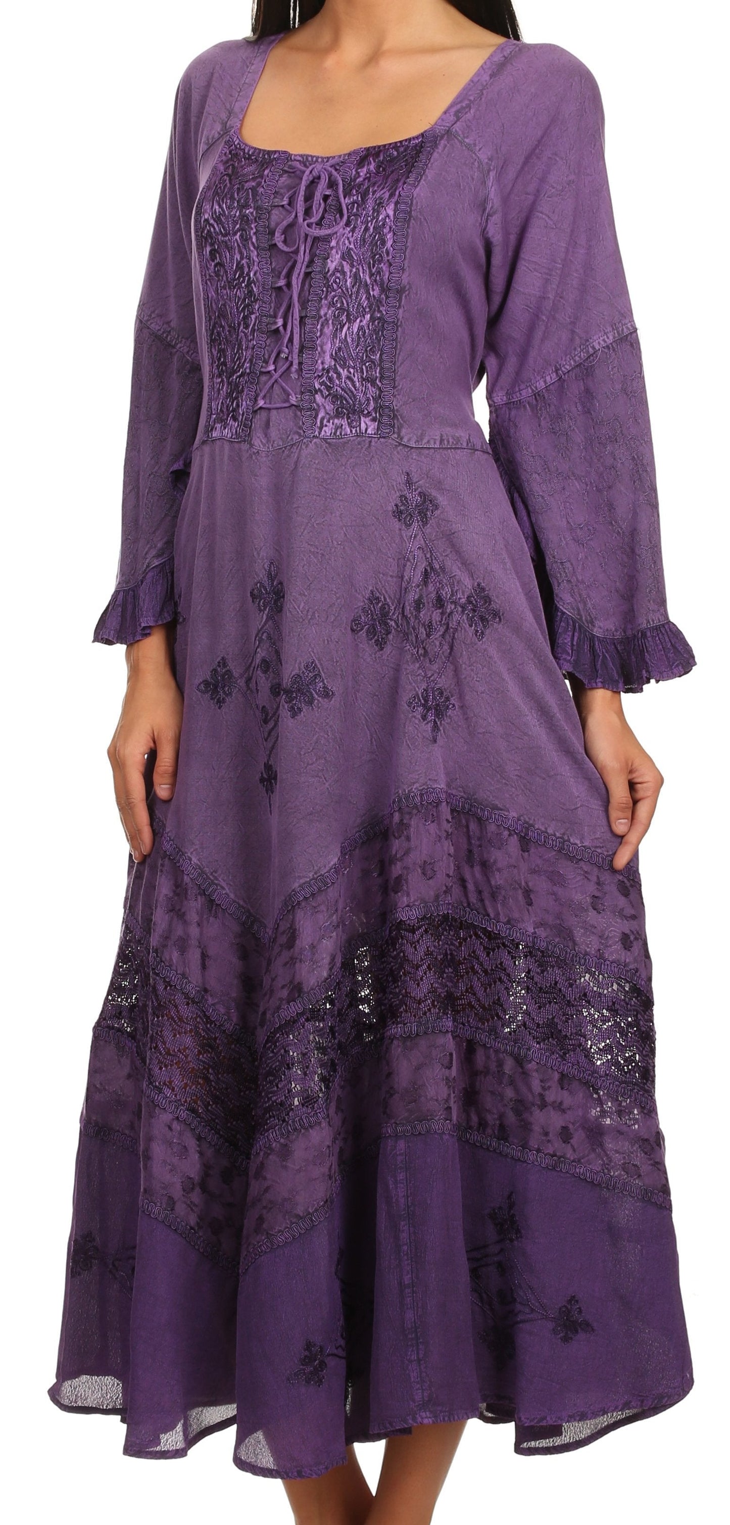 Sakkas Mirabel Stonewashed Corset Style Floral Emboridery Kimono Sleeve Dress - Concordia Style Boutique