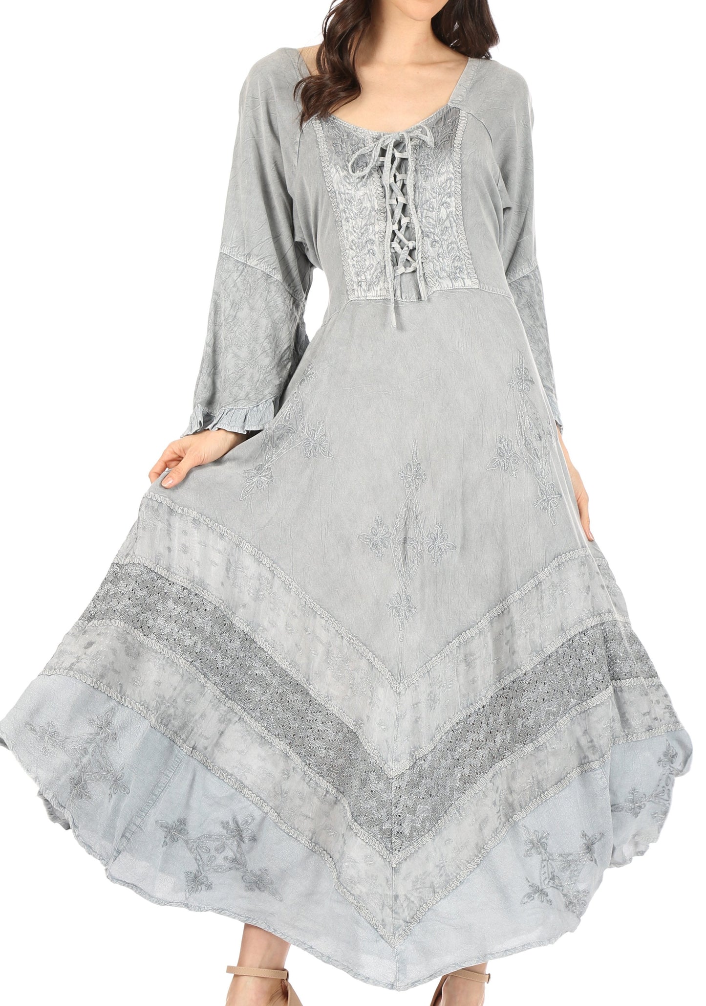 Sakkas Mirabel Stonewashed Corset Style Floral Emboridery Kimono Sleeve Dress - Concordia Style Boutique