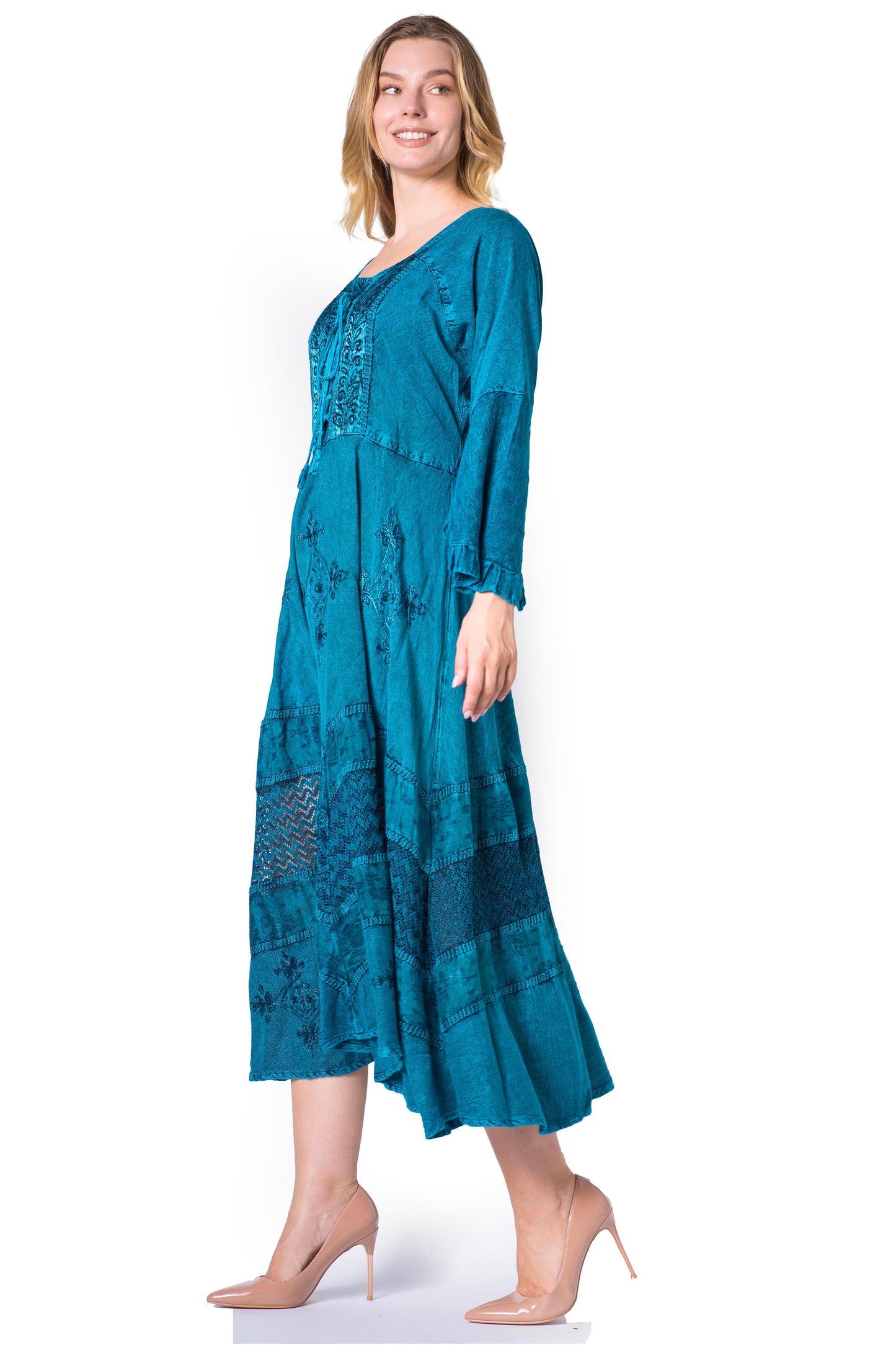 Sakkas Mirabel Stonewashed Corset Style Floral Emboridery Kimono Sleeve Dress - Concordia Style Boutique
