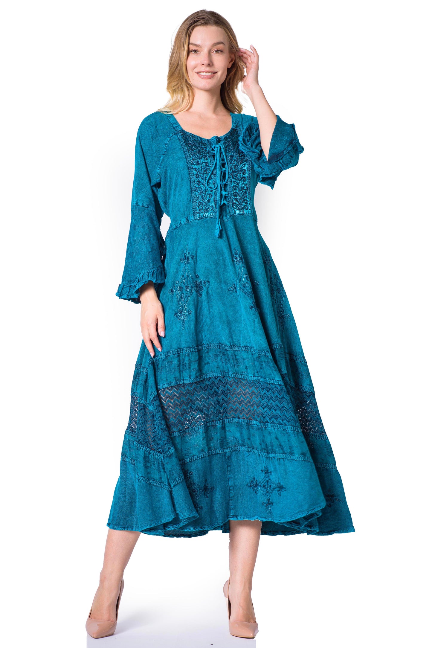 Sakkas Mirabel Stonewashed Corset Style Floral Emboridery Kimono Sleeve Dress - Concordia Style Boutique