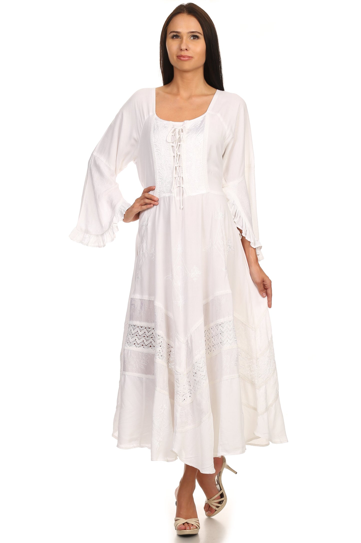 Sakkas Mirabel Stonewashed Corset Style Floral Emboridery Kimono Sleeve Dress - Concordia Style Boutique