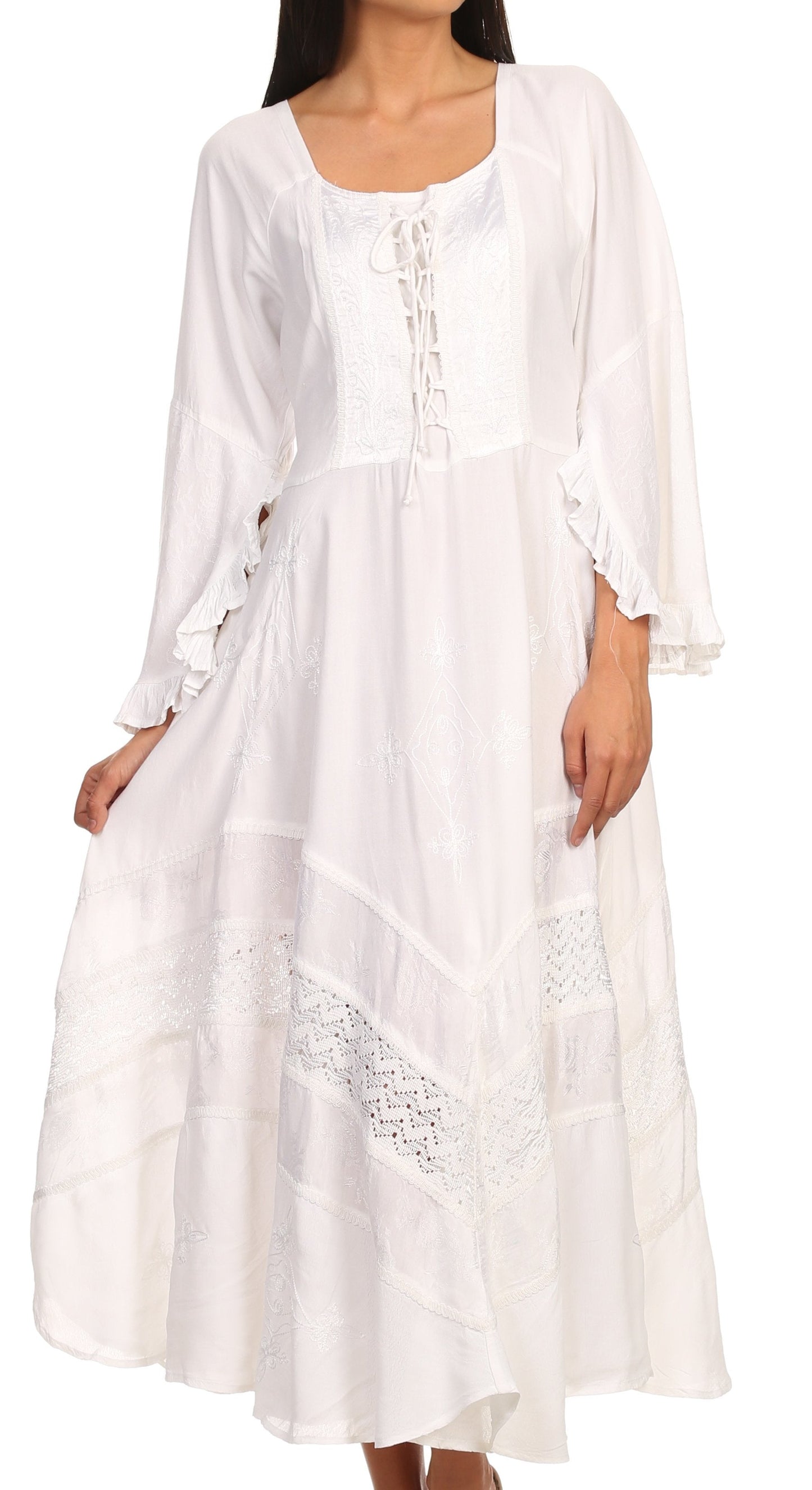 Sakkas Mirabel Stonewashed Corset Style Floral Emboridery Kimono Sleeve Dress - Concordia Style Boutique