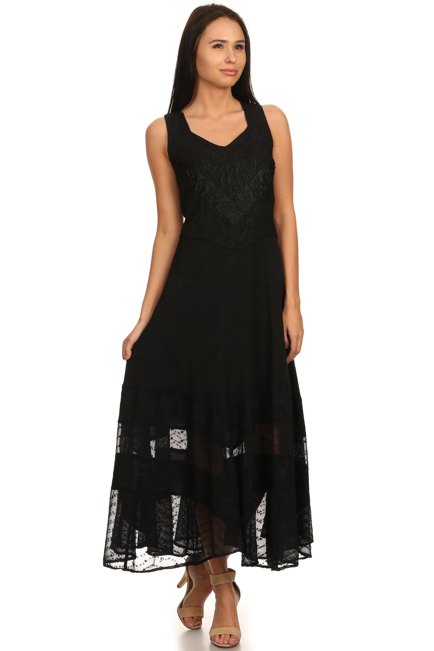 Sakkas Zendaya Stonewashed Rayon Embroidered Floral Vine Sleeveless V-neck Dress - Concordia Style Boutique