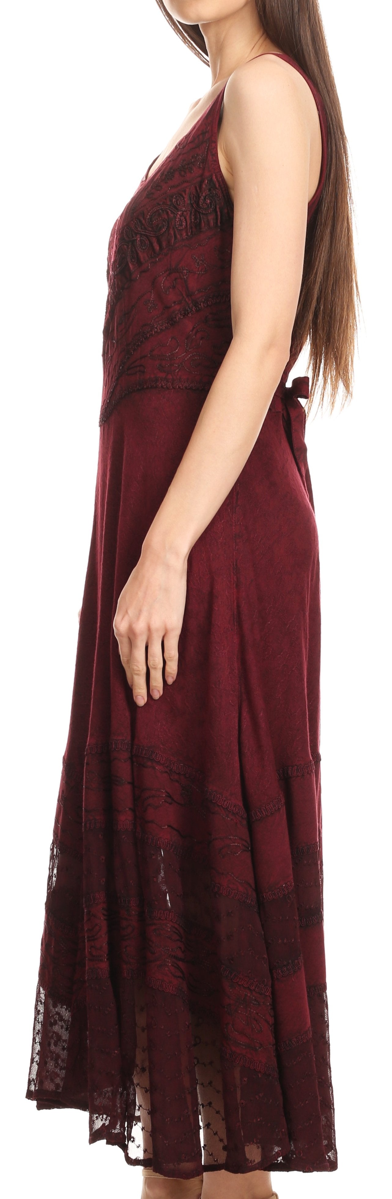 Sakkas Zendaya Stonewashed Rayon Embroidered Floral Vine Sleeveless V-neck Dress - Concordia Style Boutique