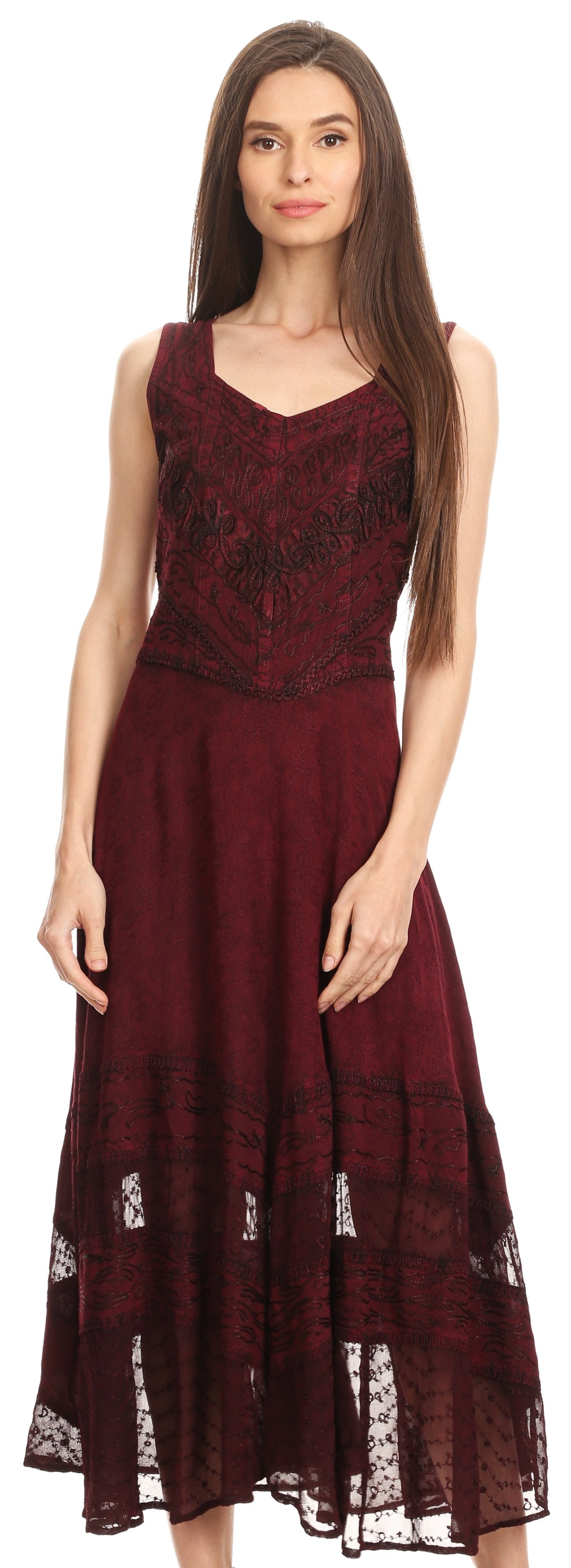 Sakkas Zendaya Stonewashed Rayon Embroidered Floral Vine Sleeveless V-neck Dress - Concordia Style Boutique