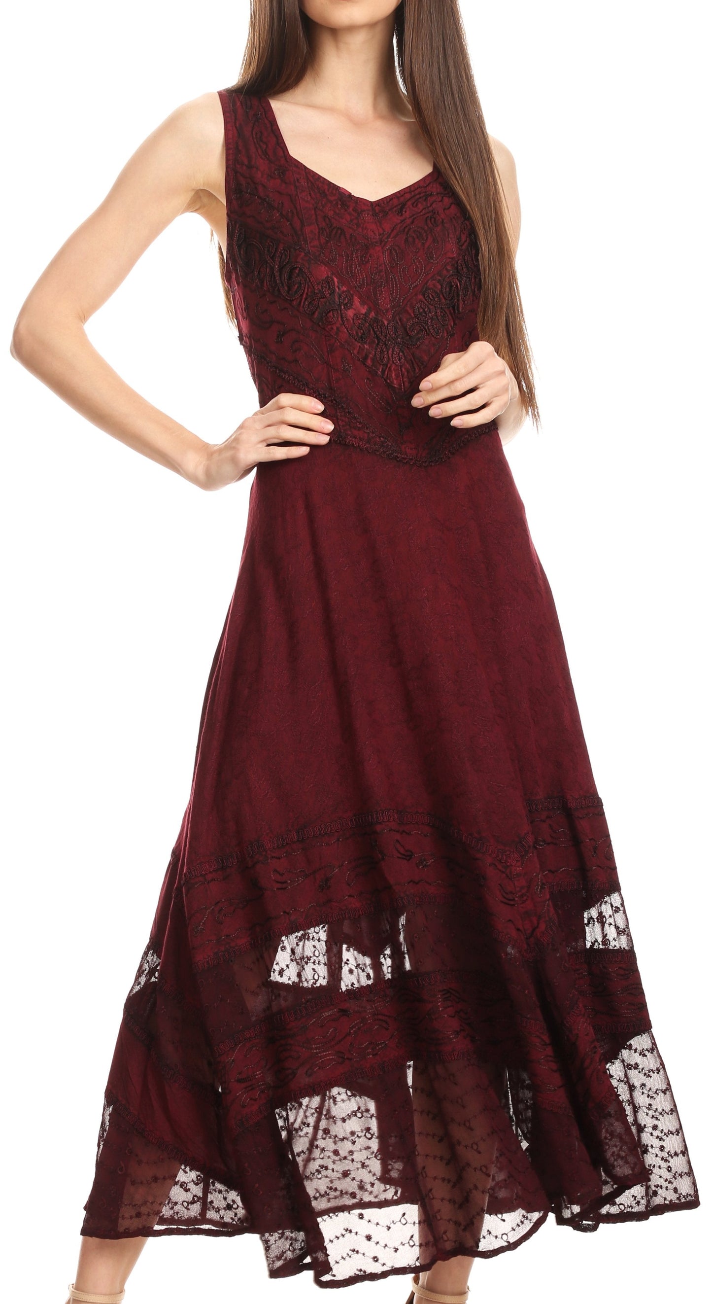 Sakkas Zendaya Stonewashed Rayon Embroidered Floral Vine Sleeveless V-neck Dress - Concordia Style Boutique